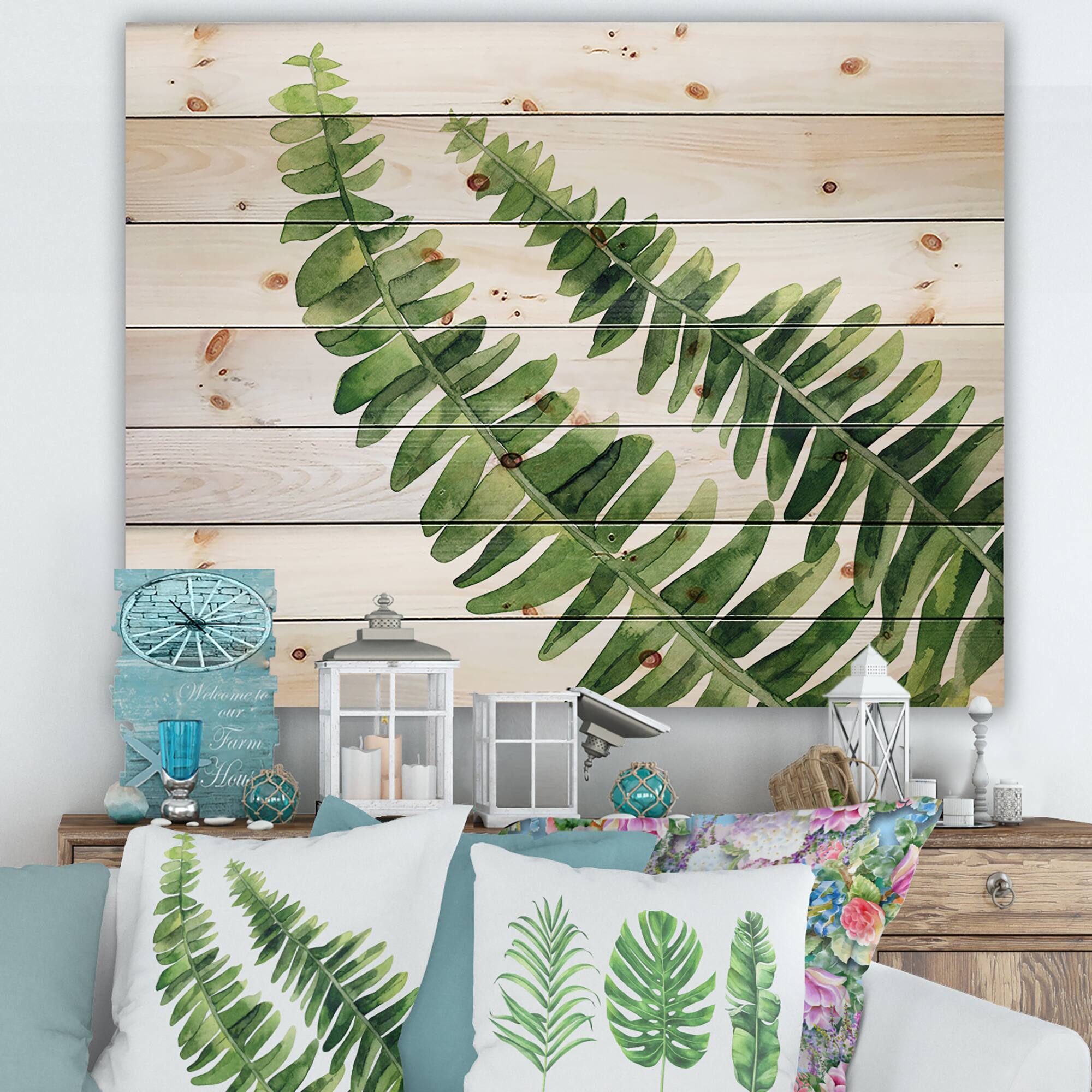 Designart - Fern Leaves Detail I - Farmhouse Print on Natural Pine Wood