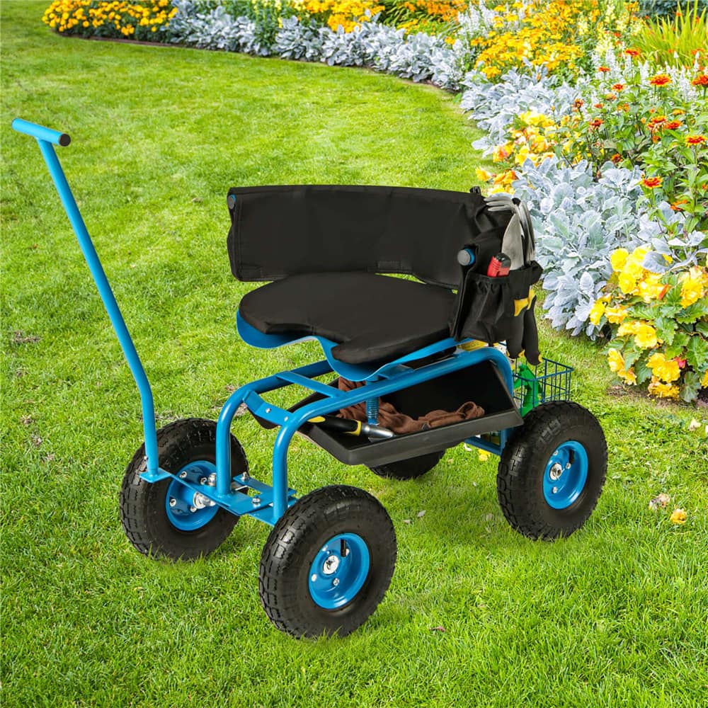 Costway Rolling Garden Cart Work Seat with Adjustable Height, Tool Tray & Storage Basket