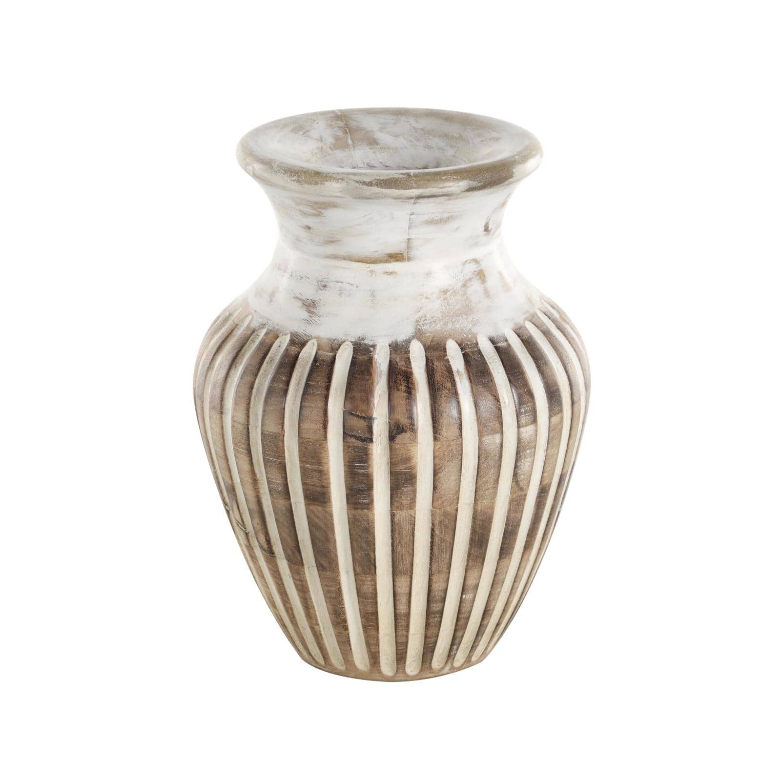 11" Brown Mango Wood Vase with Carved Grooves