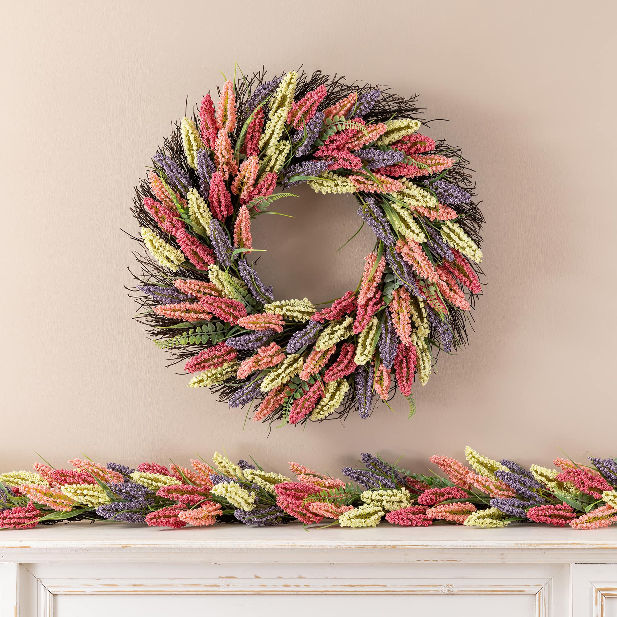 Glitzhome® 24" Pink, Purple & Yellow Heather Wreath with Black Metal Hanger