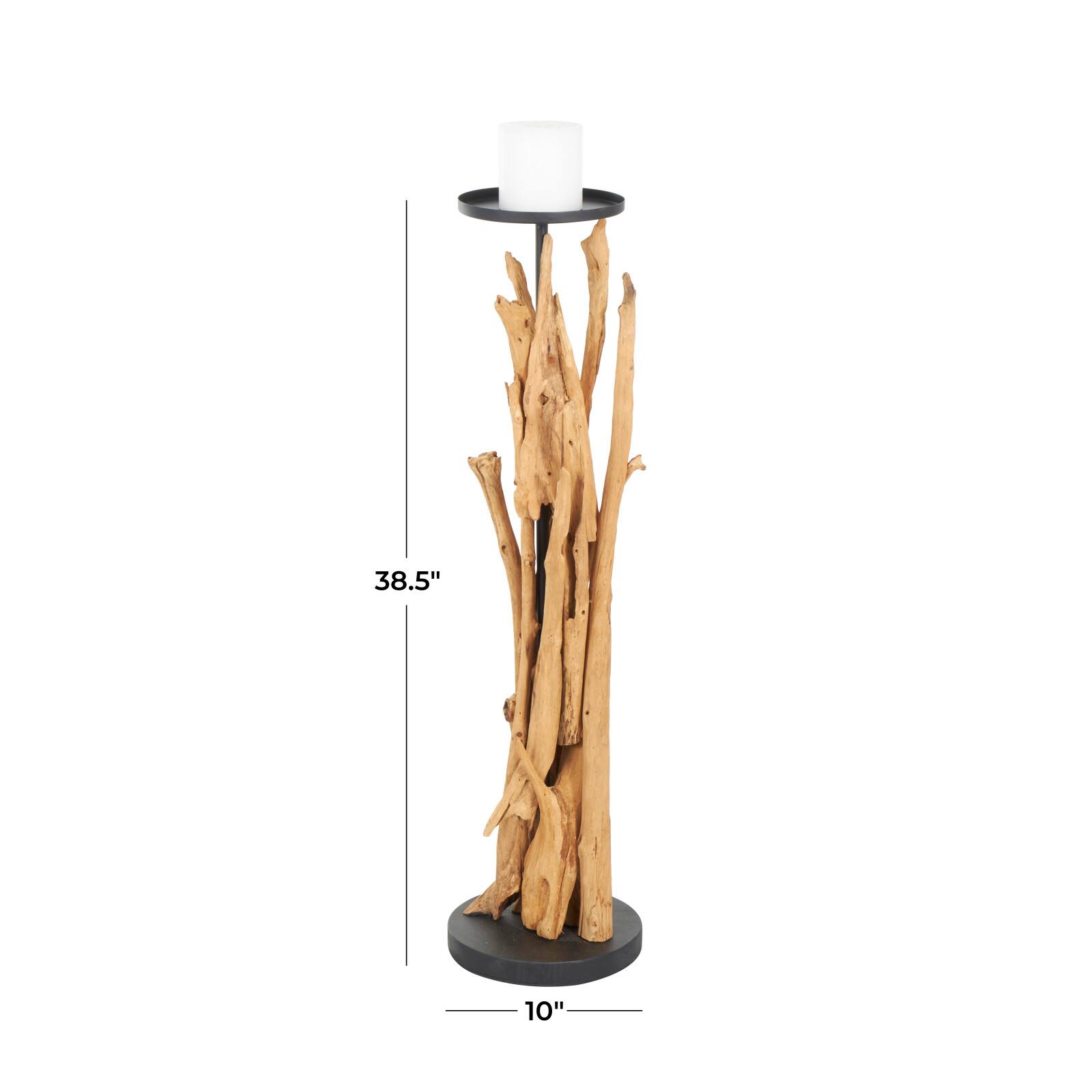 39" Brown Teak Wood Handmade Tall Tree Branch Floor Candle Holder with Black Metal Accents