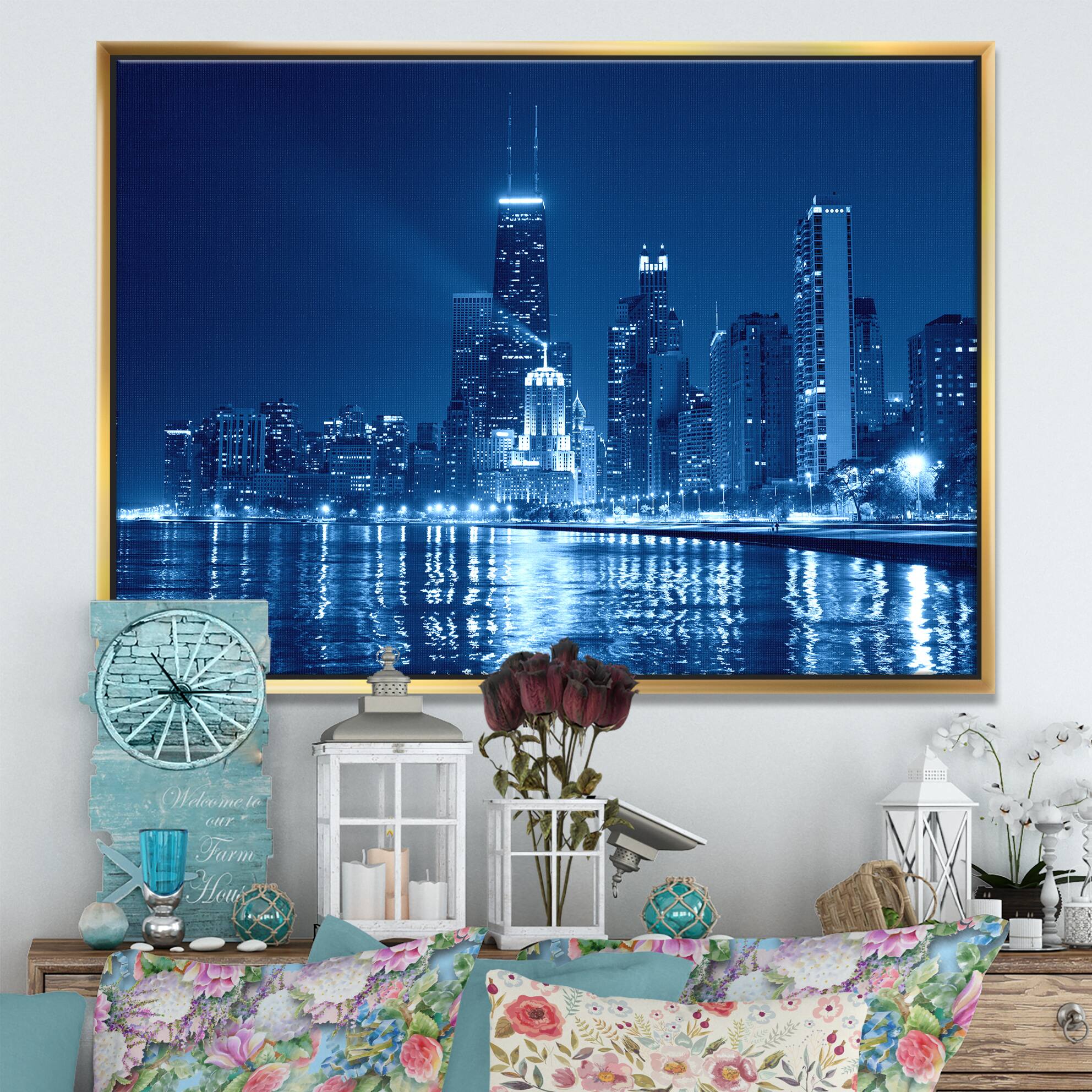 Designart - Blue Chicago Skyline Night