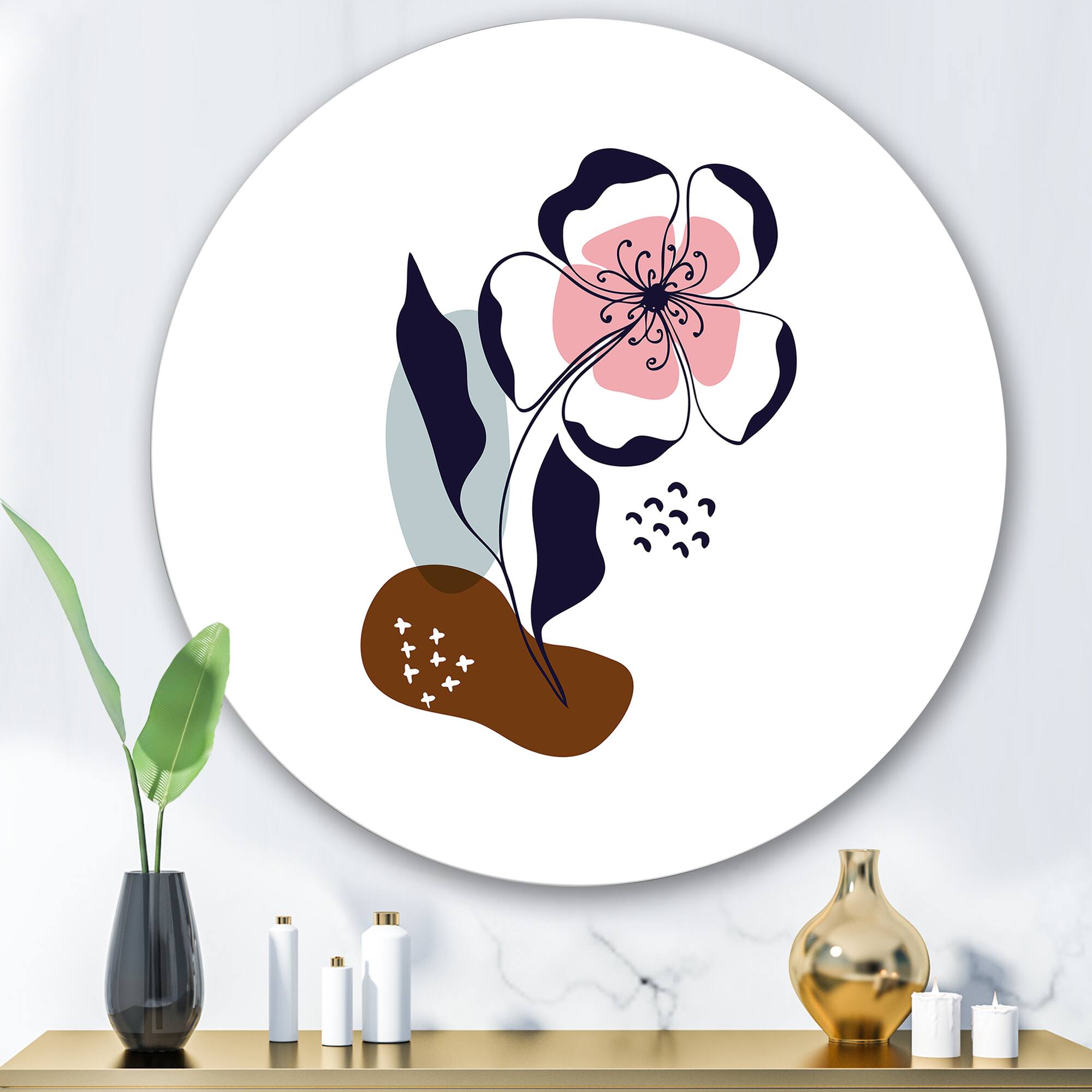 Designart - Abstract Flowers On Minimal Shapes IV - Modern Metal Circle Wall Art