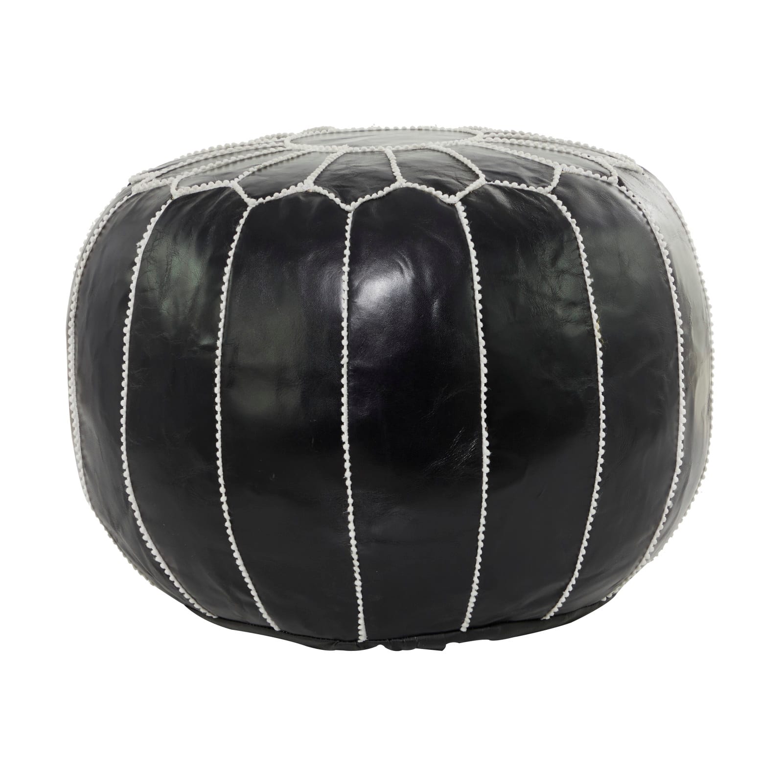 24" Black Leather Moroccan Floral Pouf with White Stitching