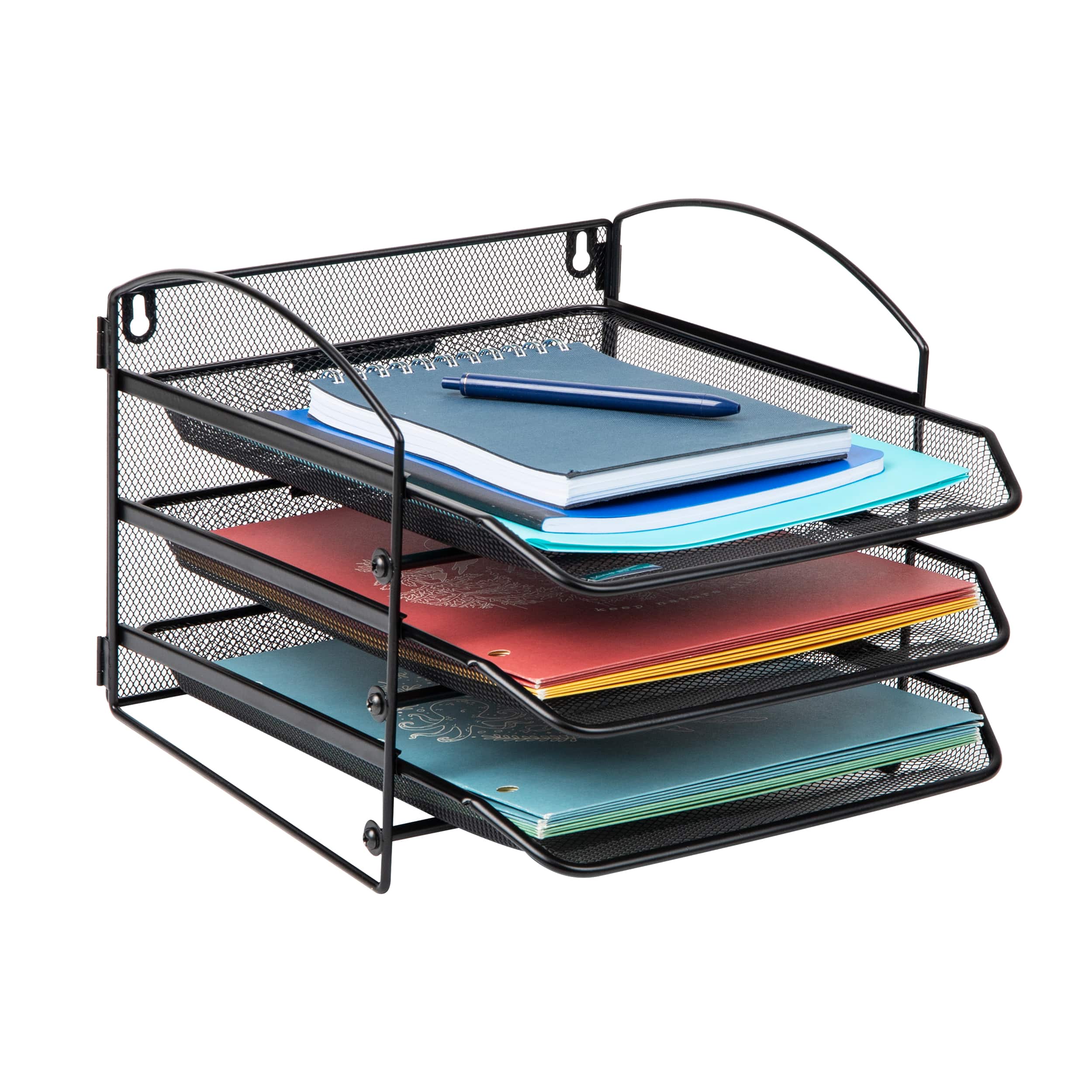 Mind Reader 3-Tier Paper Tray, Desktop Organizer, Wall Mountable, Office, Metal Mesh, 11.5"L x 14.25"W x 9.75"H, Black