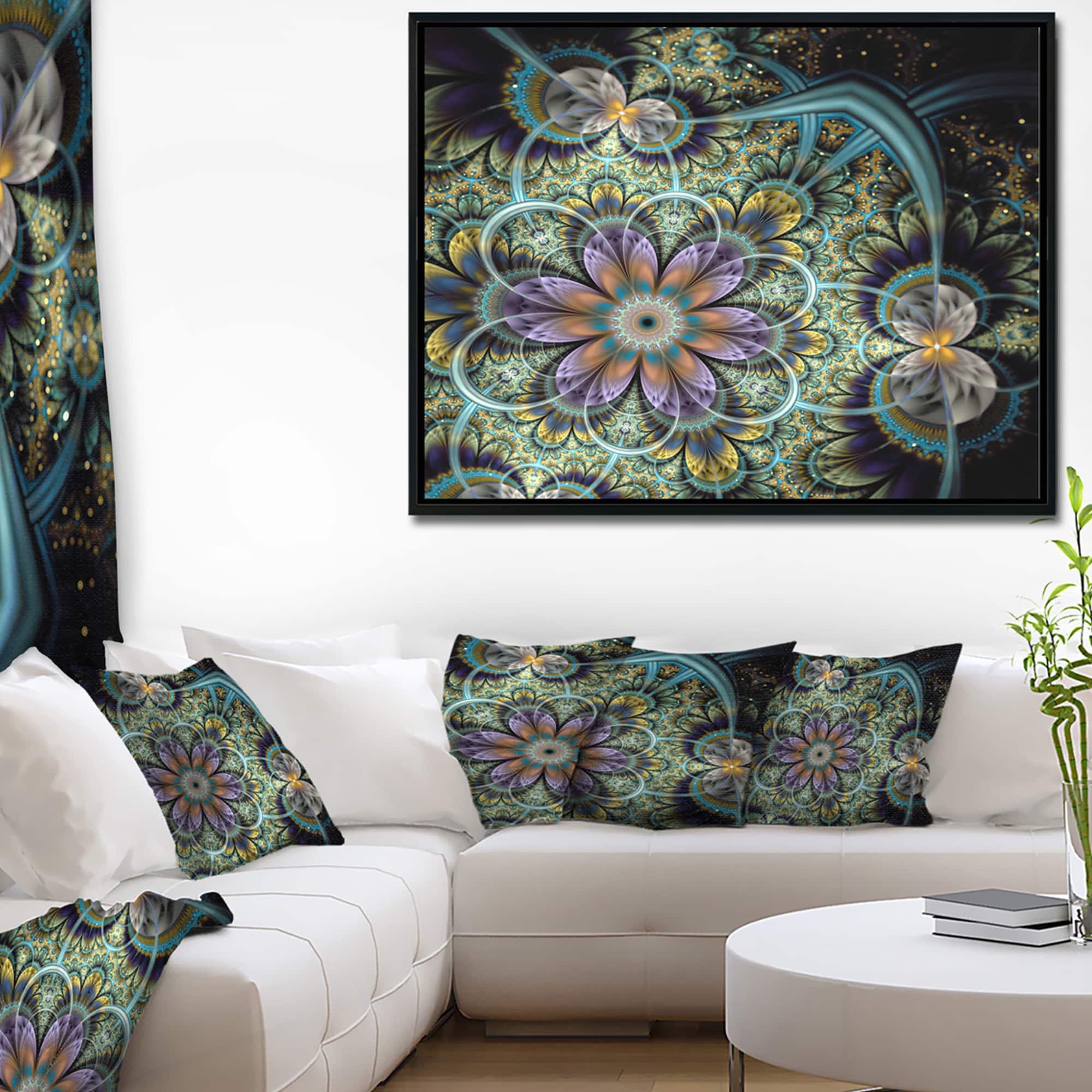Designart - Symmetrical Green Fractal Flower - Large Floral Art Canvas Print in Black Frame