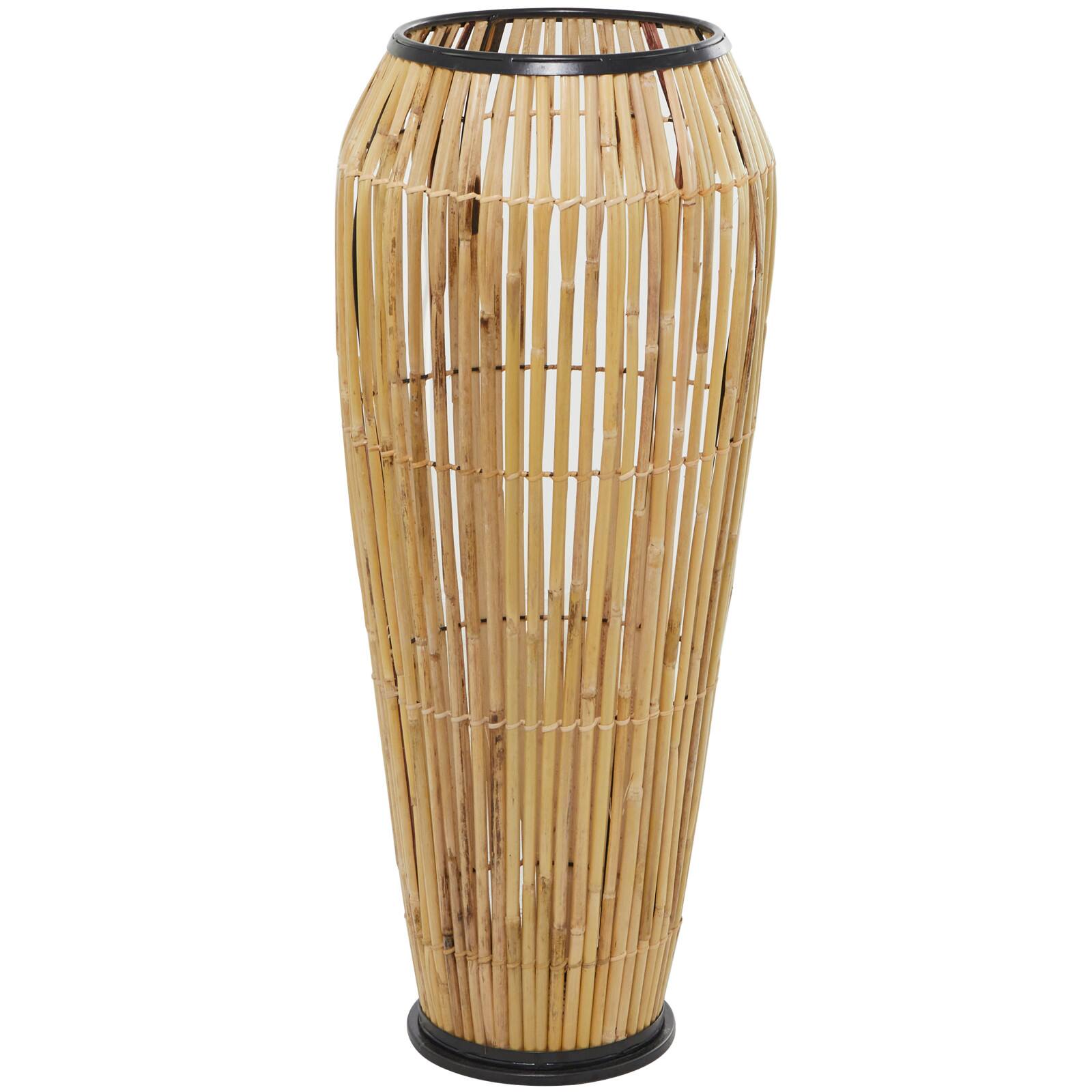 Brown Wicker Handmade Slatted Frame Vase with Black Metal Accents