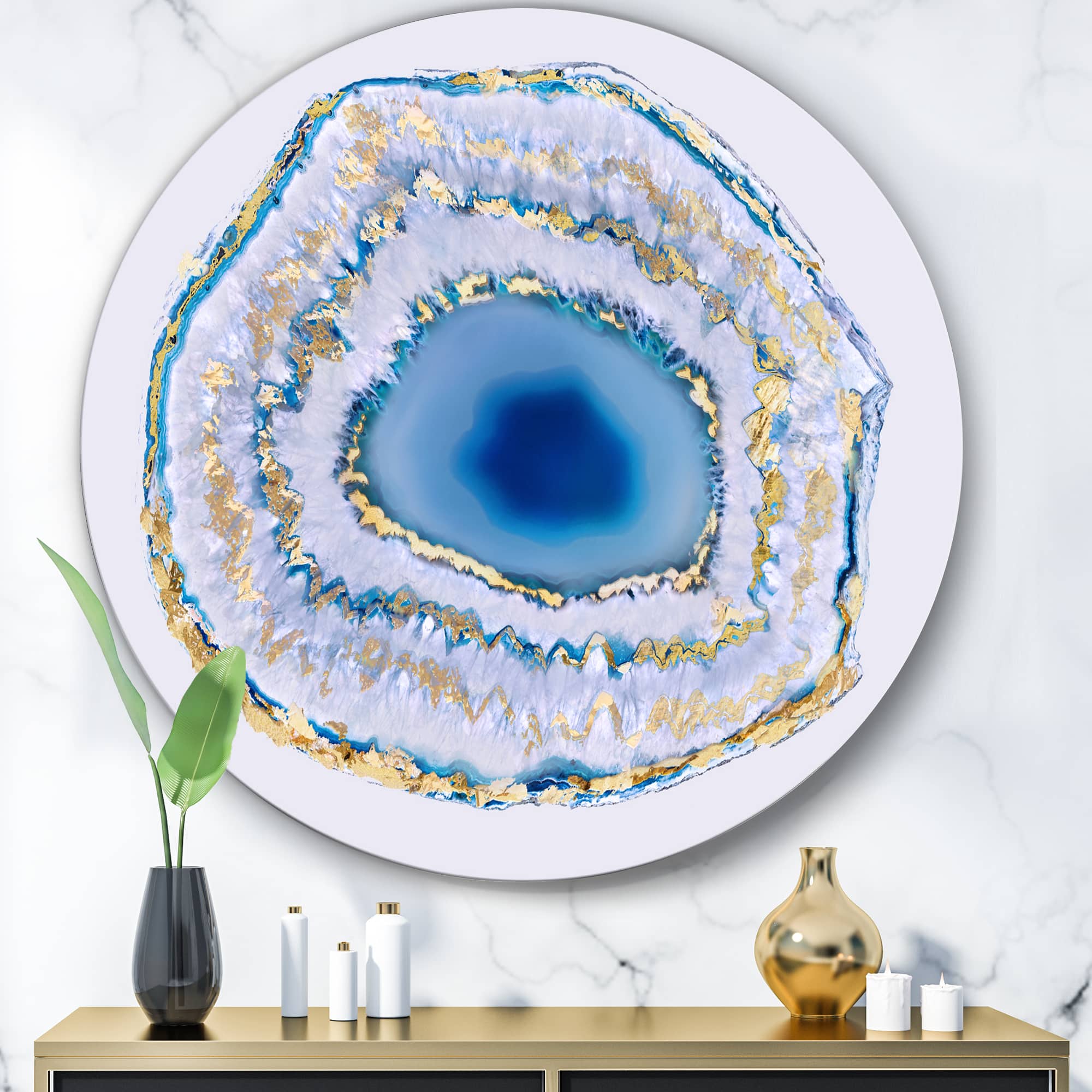 Designart - Golden Blue Agate - Glam Round Circle Metal Wall Decor