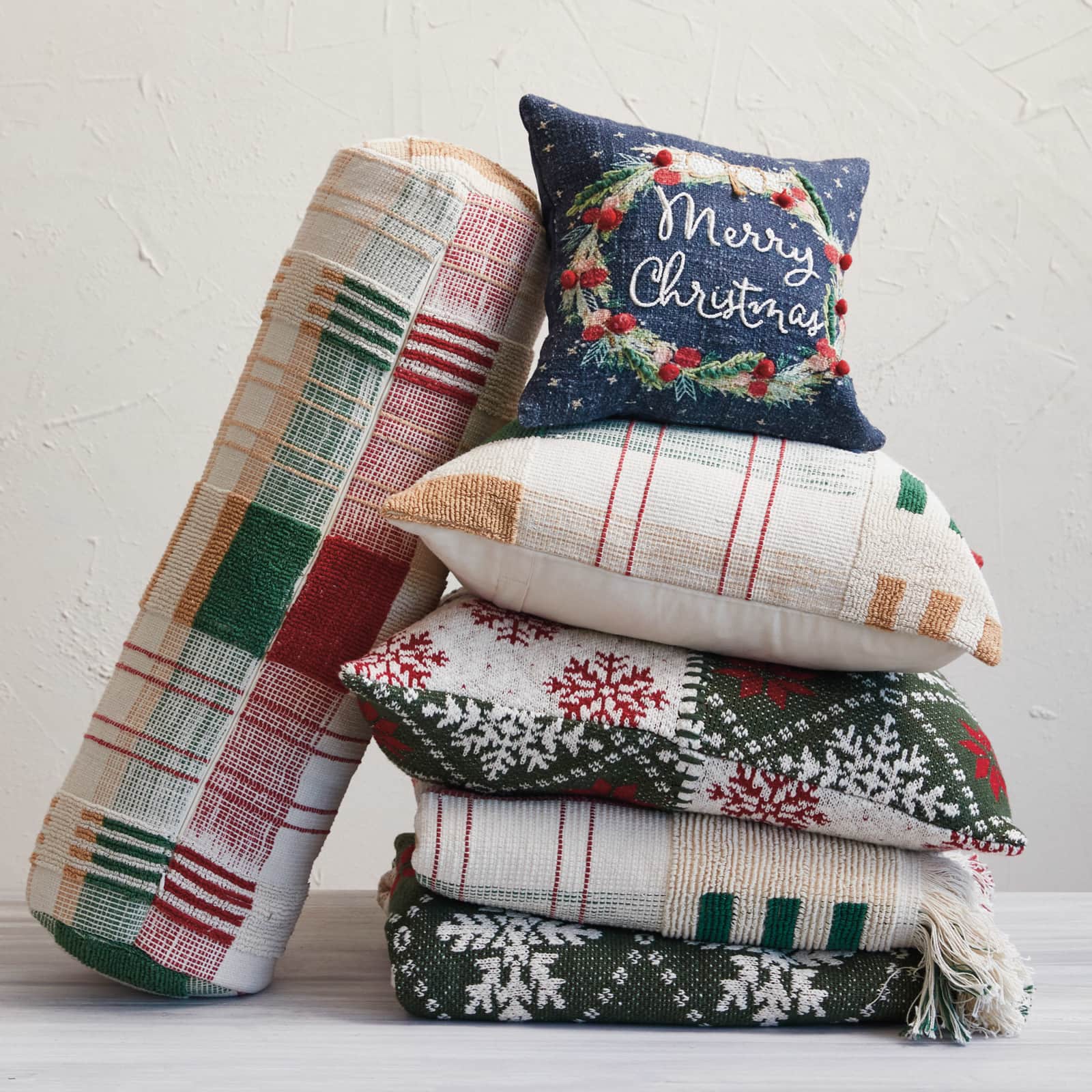 Hello Honey® 12" Merry Christmas Embroidered Wreath with Pom Poms Cotton Pillow