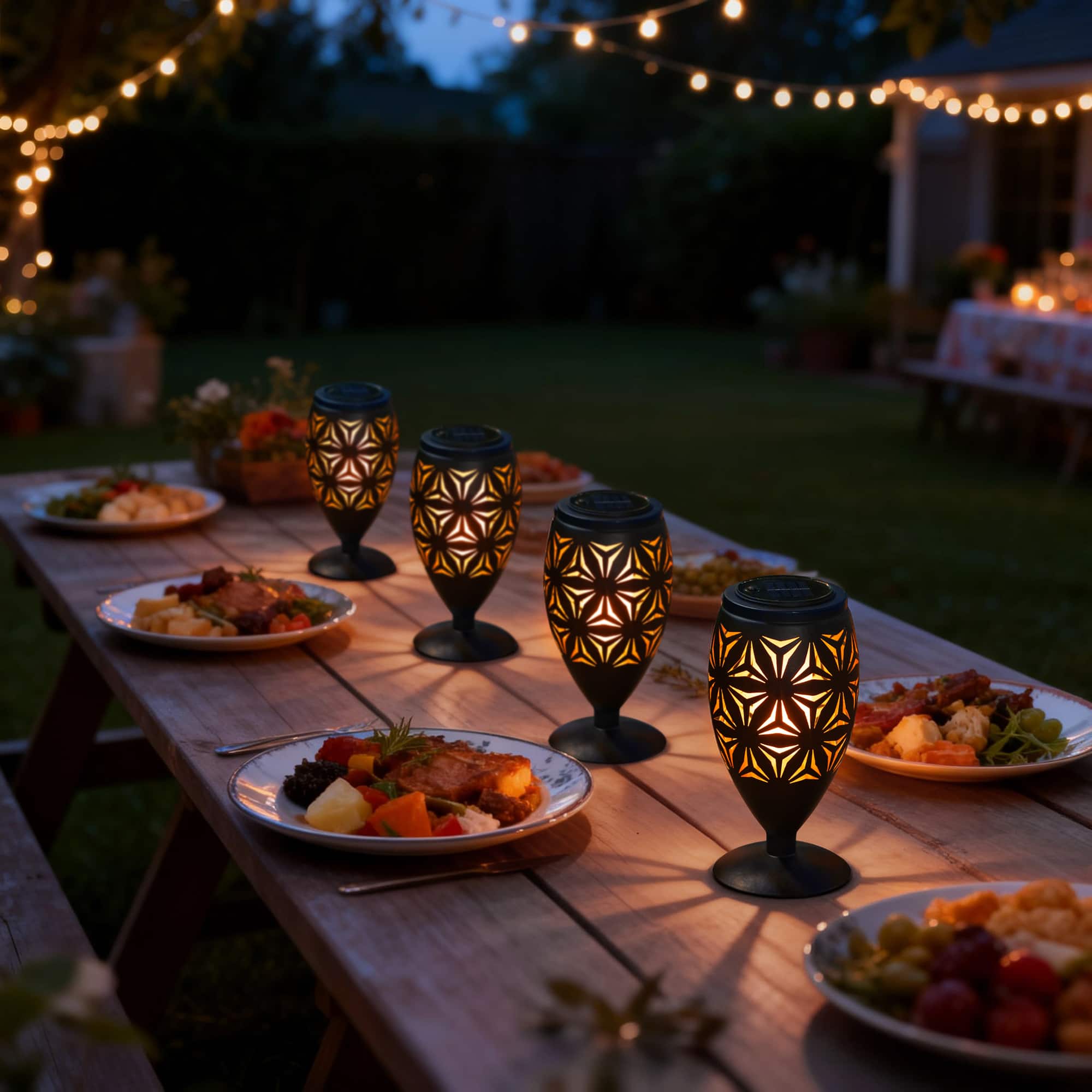 Glitzhome® 8.75" Set of 2 LED Black Metal Starburst Cutout Solar Powered Outdoor Lantern Set