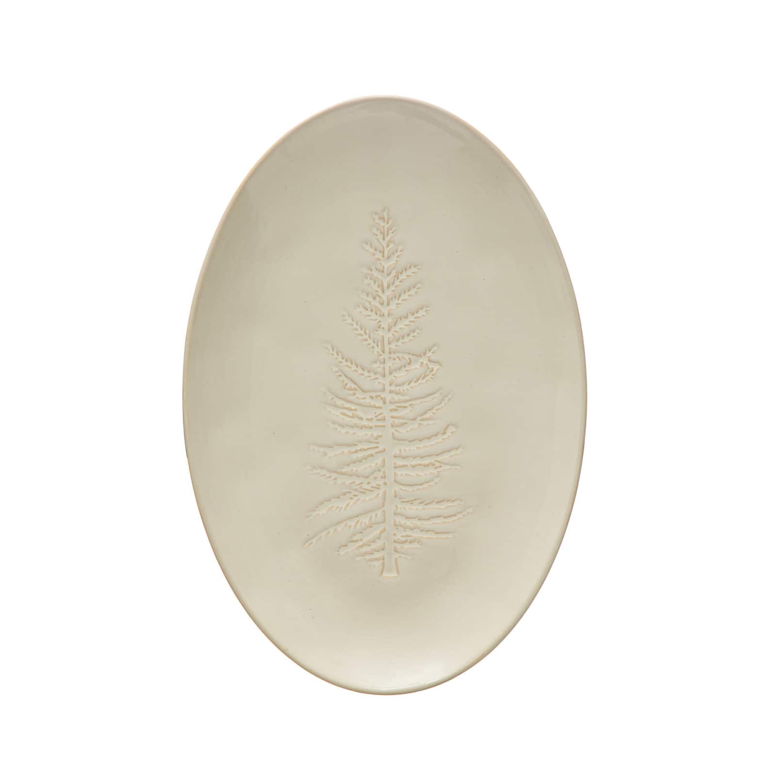 Hello Honey® 12" Wide White Oval Debossed Stoneware Platter with Tree Design
