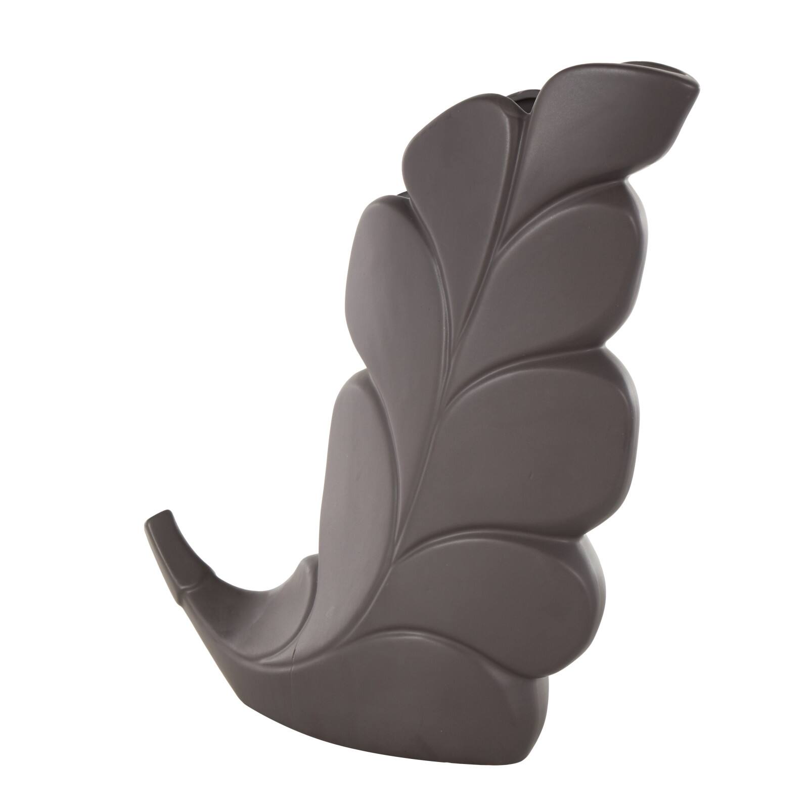 15" Black Ceramic Leaf Slanted Vase