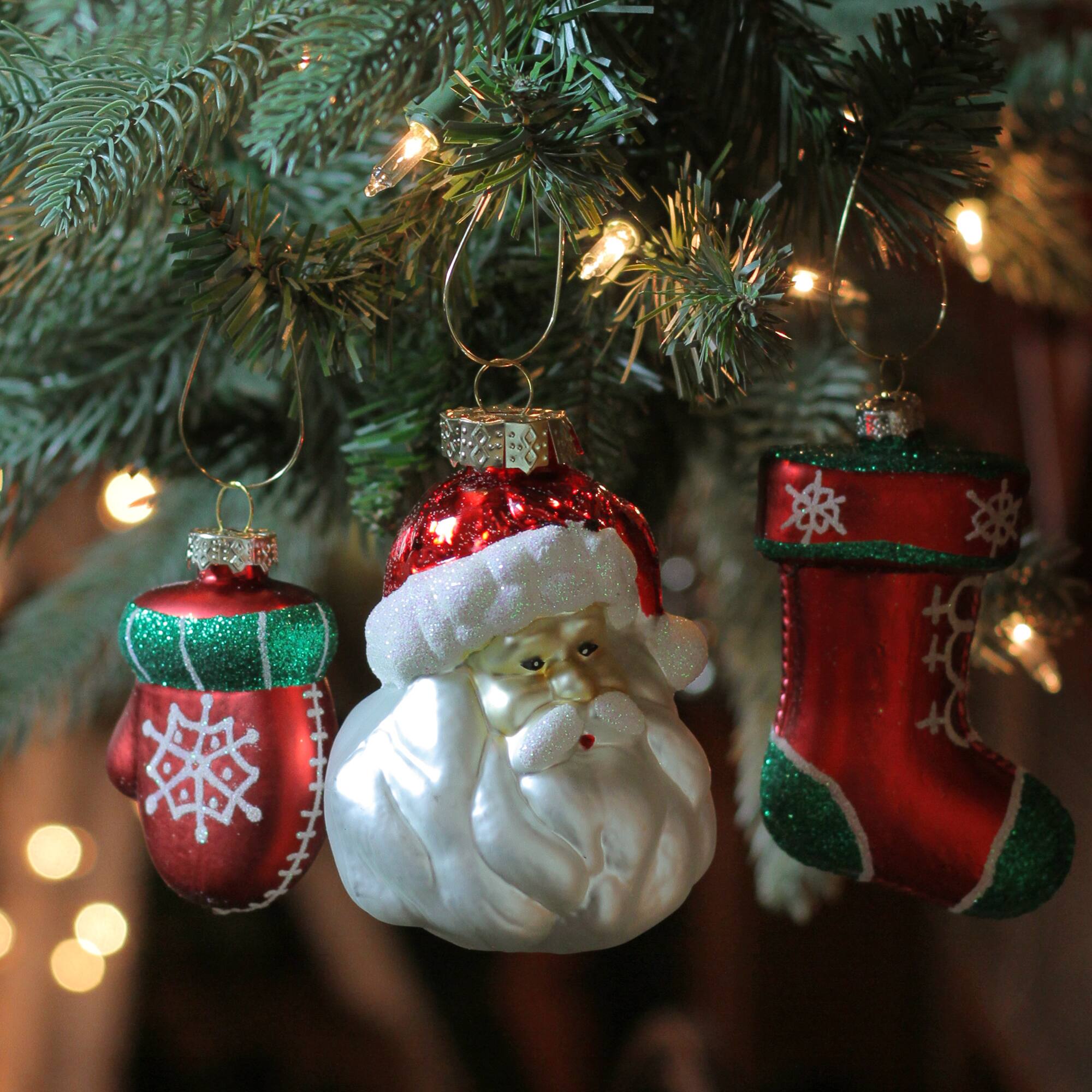 4.25" Red & Green Santa Glass Christmas Ornament Set