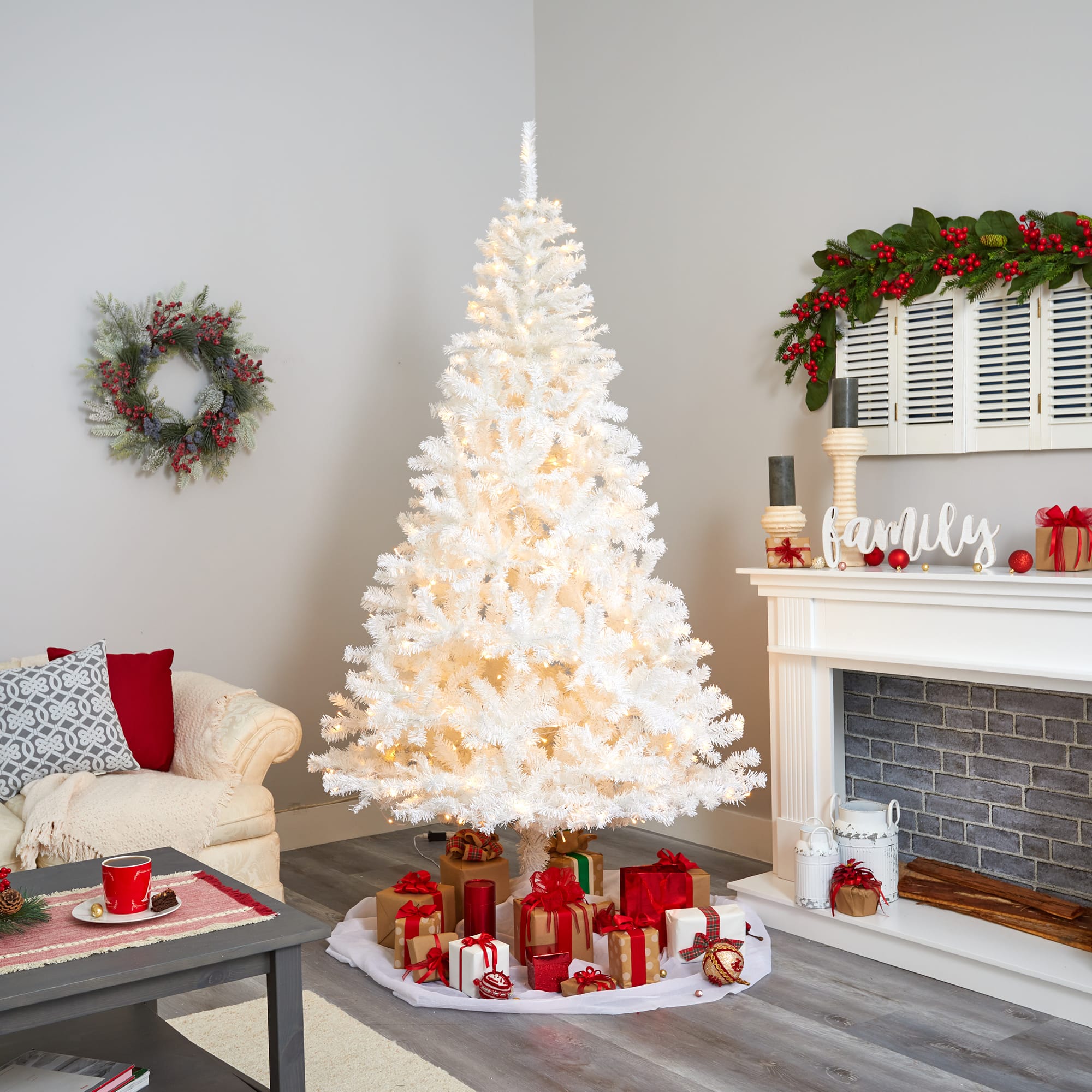 7.5ft. Pre-Lit White Artificial Christmas Tree, Clear LED Lights