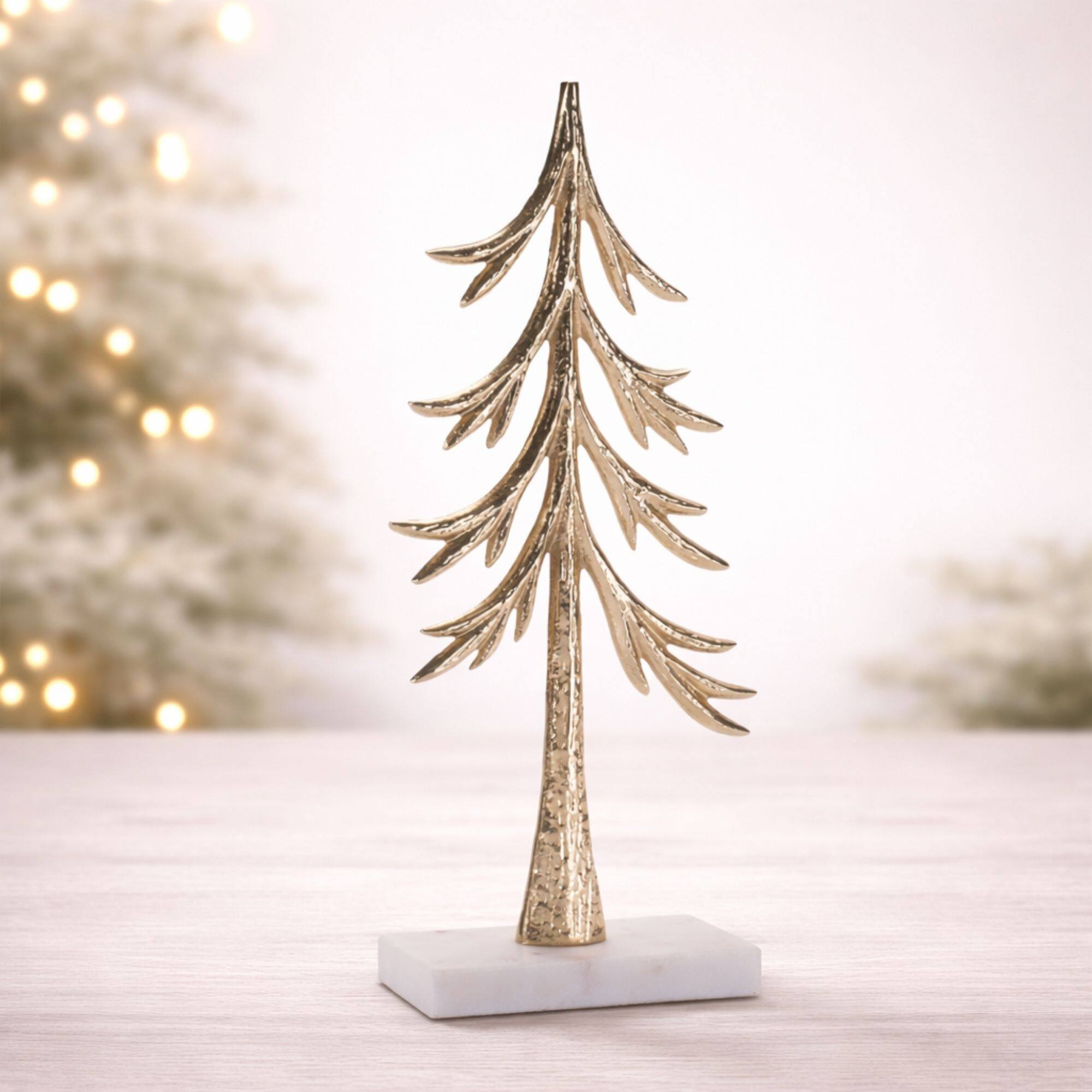 Melrose 12.75" Gold Modern Metal Trees Sculptures on Marble Bases, 2ct.