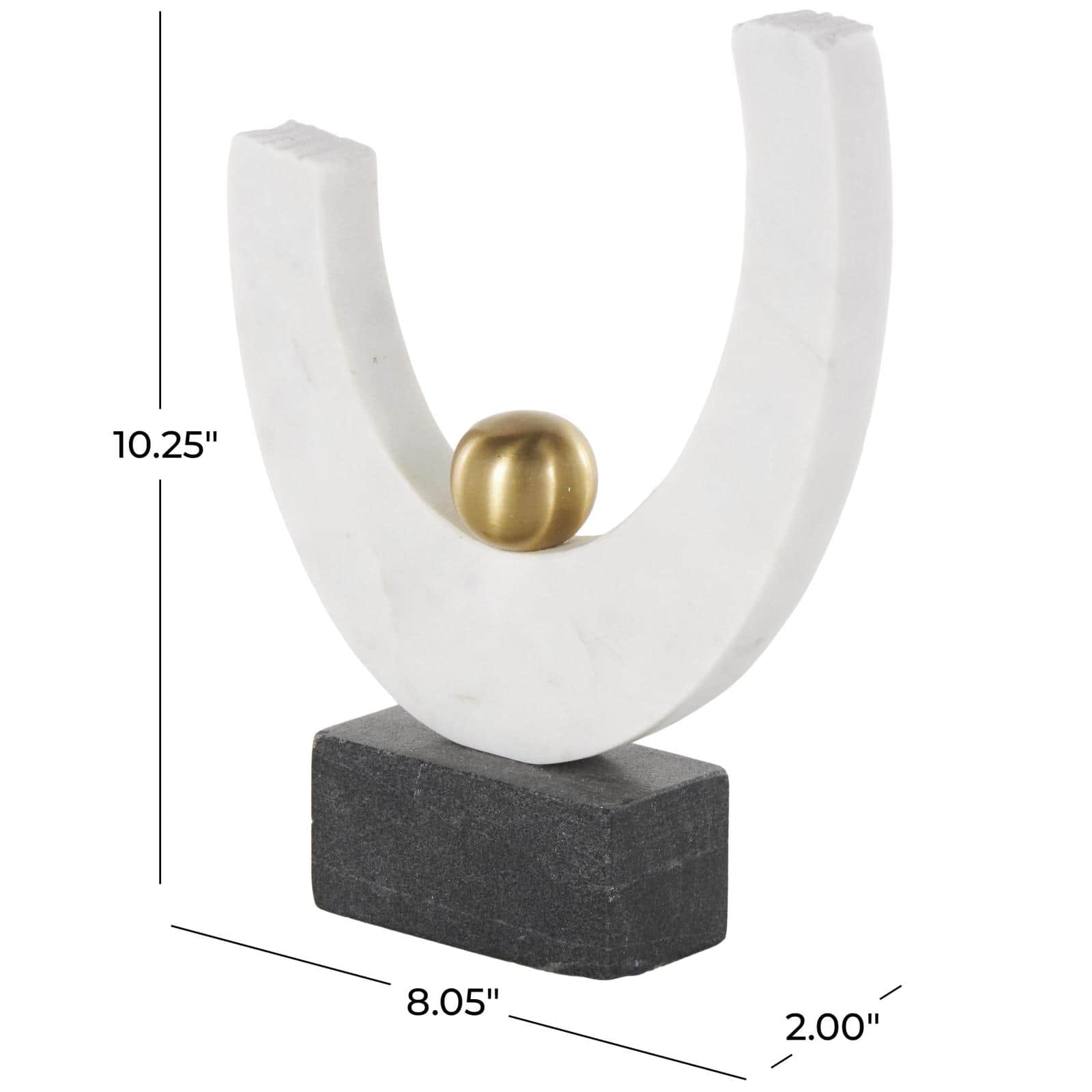 10.25" White Abstract Curved Semicircle Marble & Metal Sculpture with Gold Orb Accent