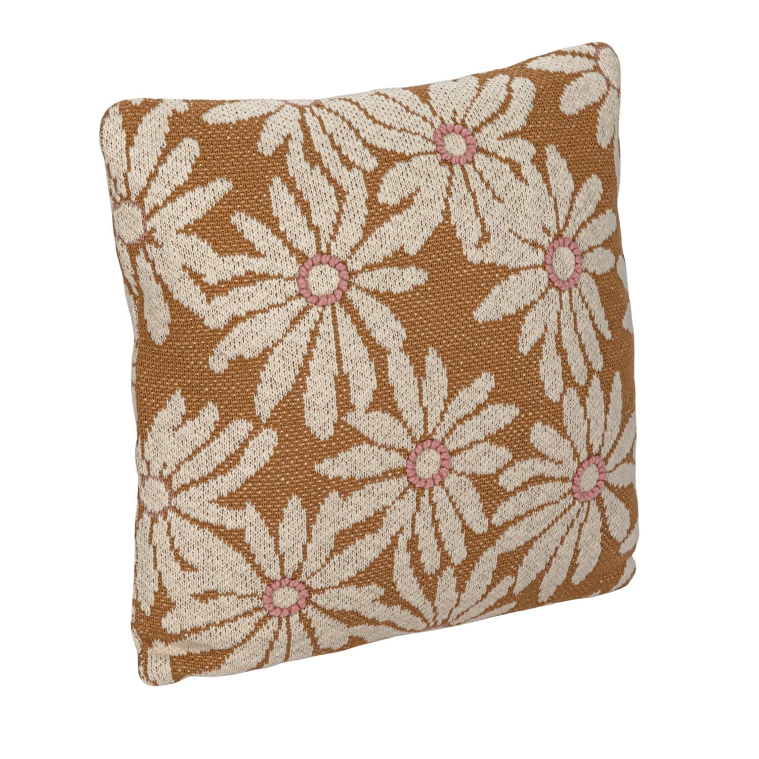 Hello Honey® 20" Natural, Pink & Mustard Flowers Cotton Knit Pillow