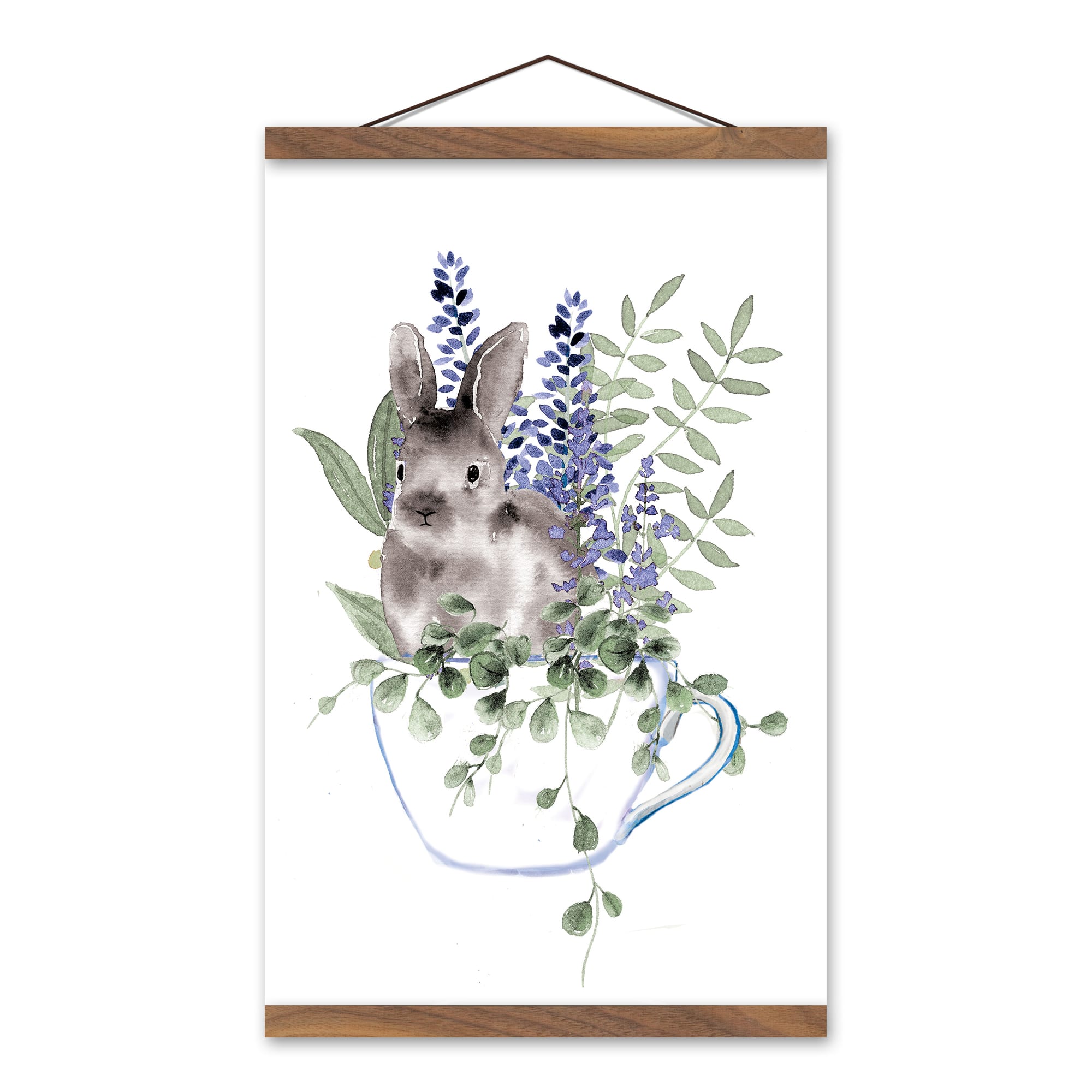 Bunny In Teacup Floral 12" x 18" Teak Hanging Canvas