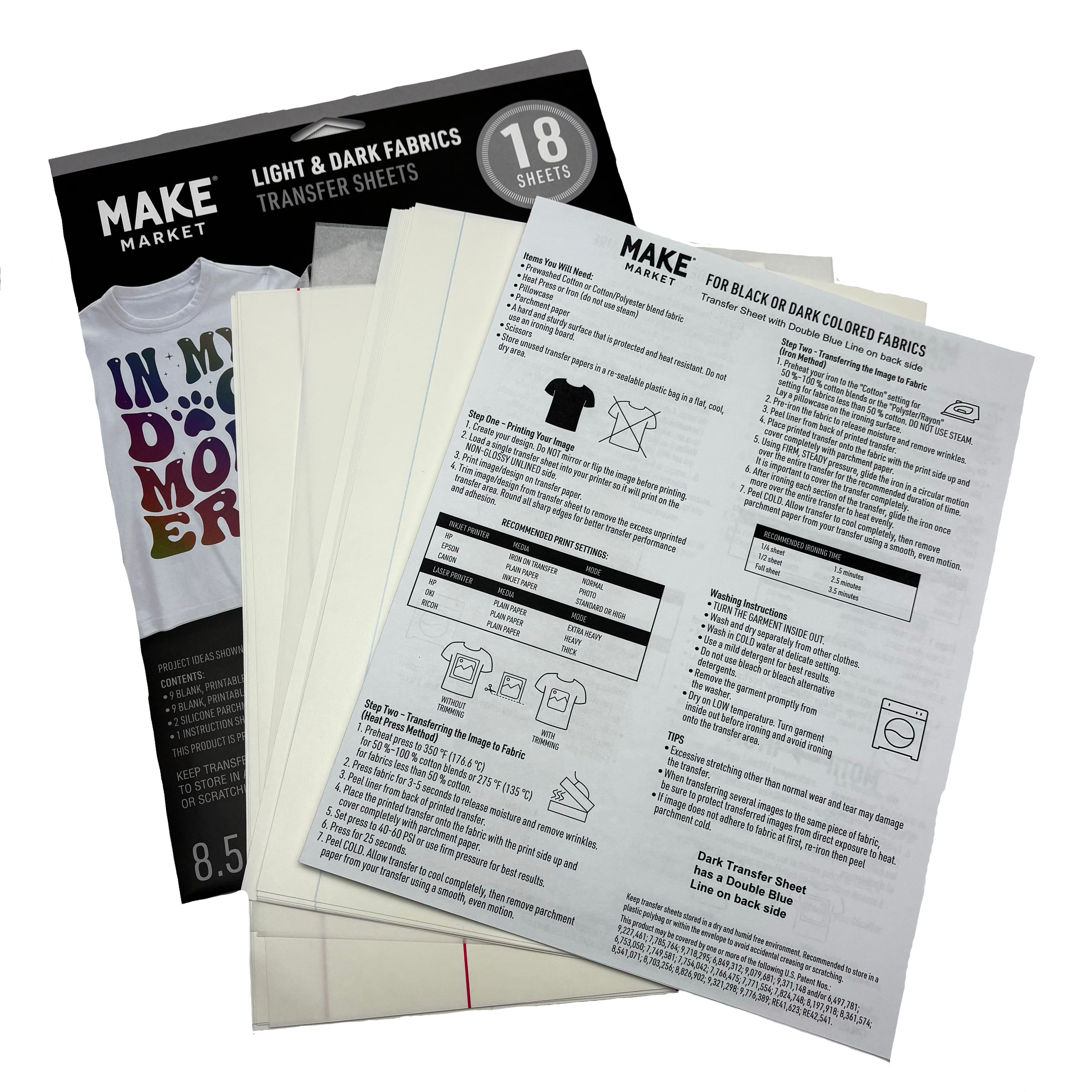 6 Packs: 18 ct. (108 total) 8.5" x 11" Mixed Light & Dark Fabric Transfer Sheets by Make Market®