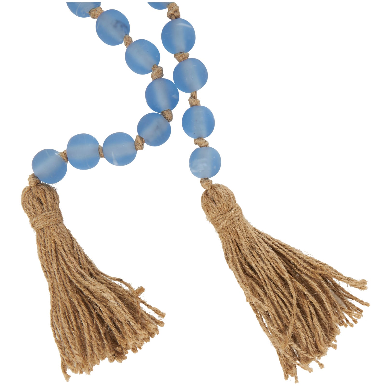 Light Blue Handmade Frosted Glass Beaded Garland with Tassel and Knotted Brown Jute