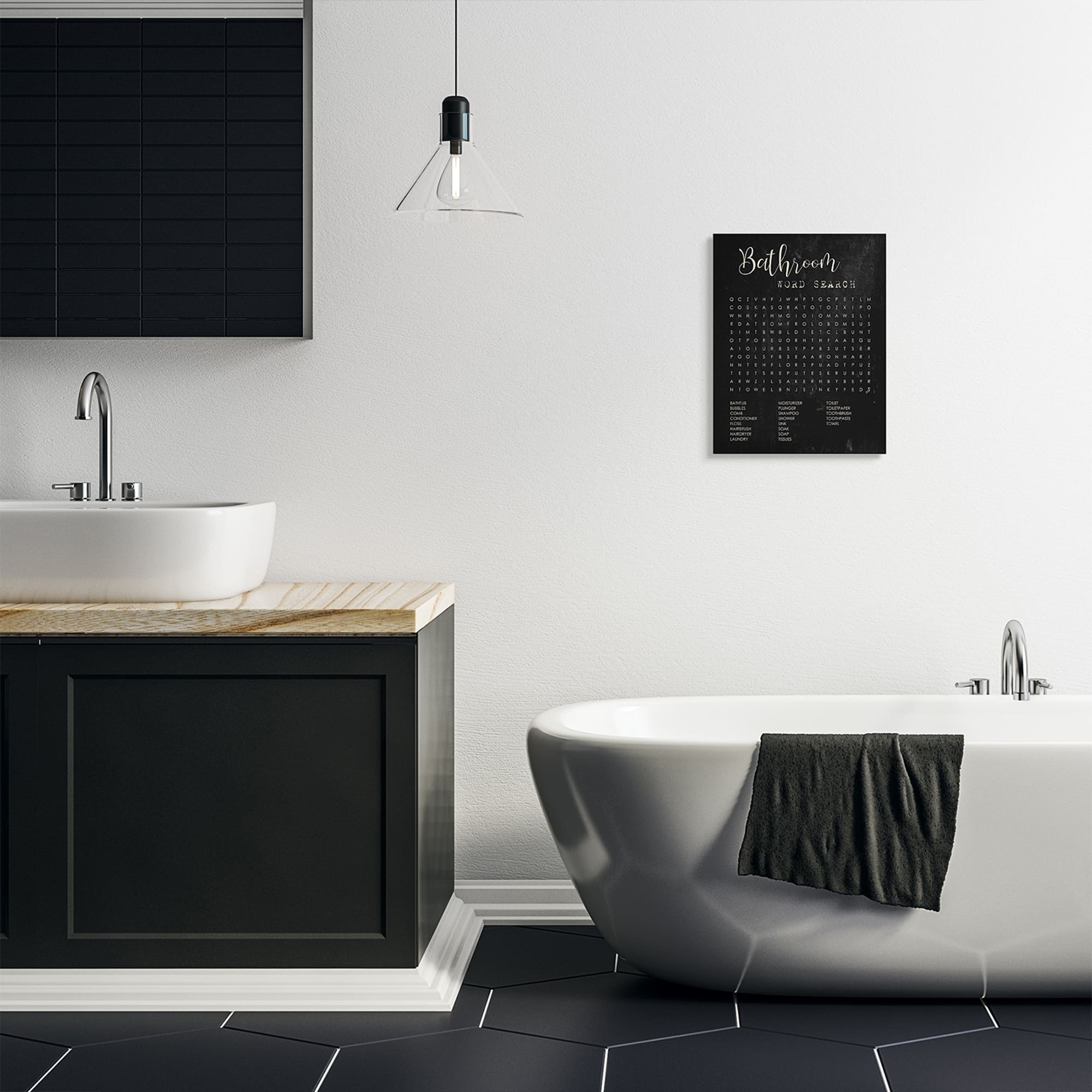 Stupell Industries Bathroom Word Search Activity over Distressed Black Canvas Wall Art