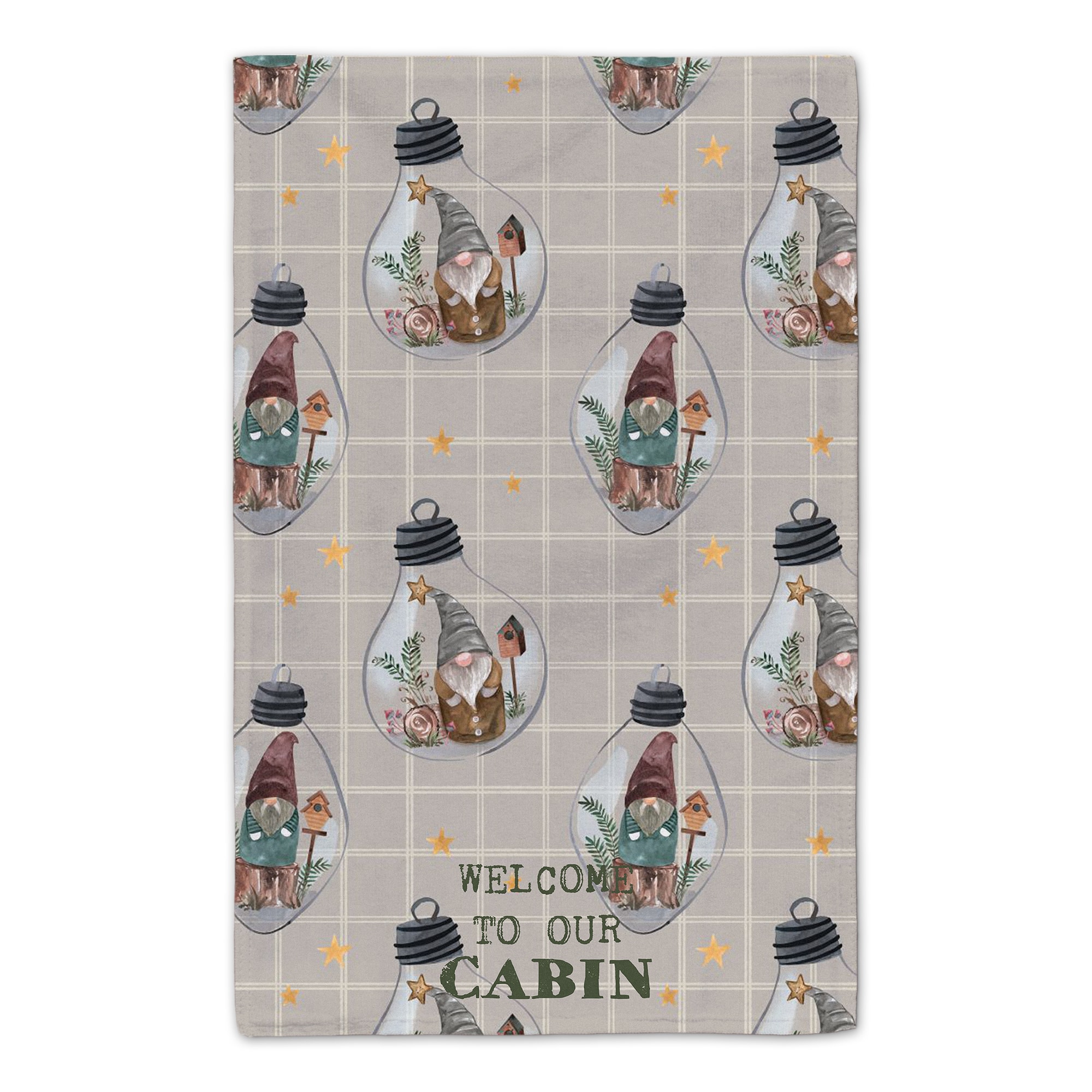 Welcome to our Cabin Gray and White Check Gnome Globe Pattern Tea Towel - Set of 2