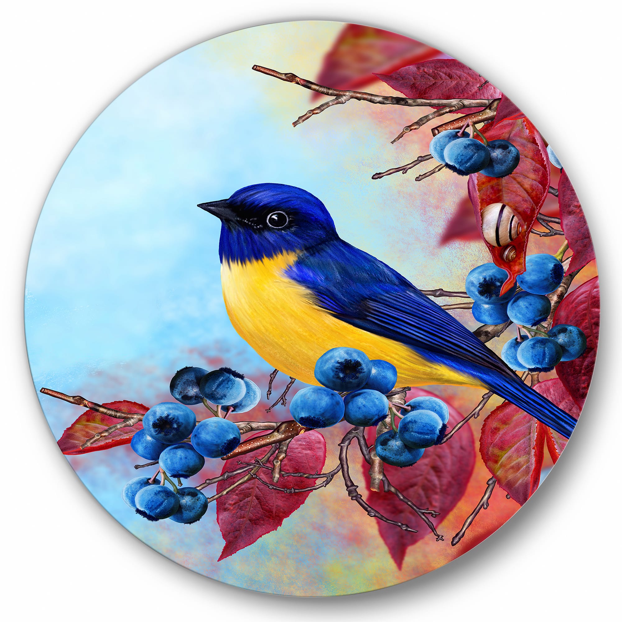 Designart - Bright Bird Bullfinch Sitting On A Branch I - Traditional Metal Circle Wall Art