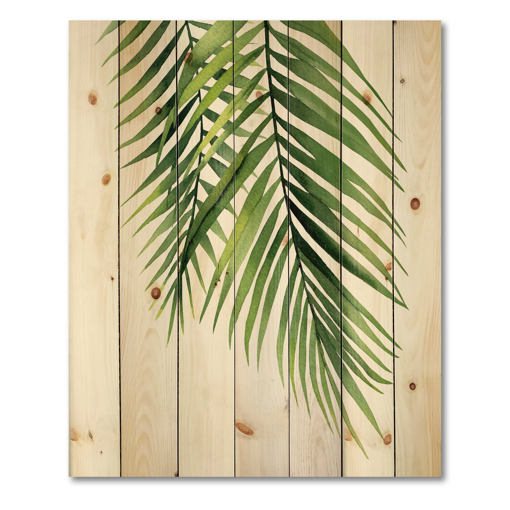 Designart - Detail Tropical Palm Branches - Tropical Print on Natural Pine Wood