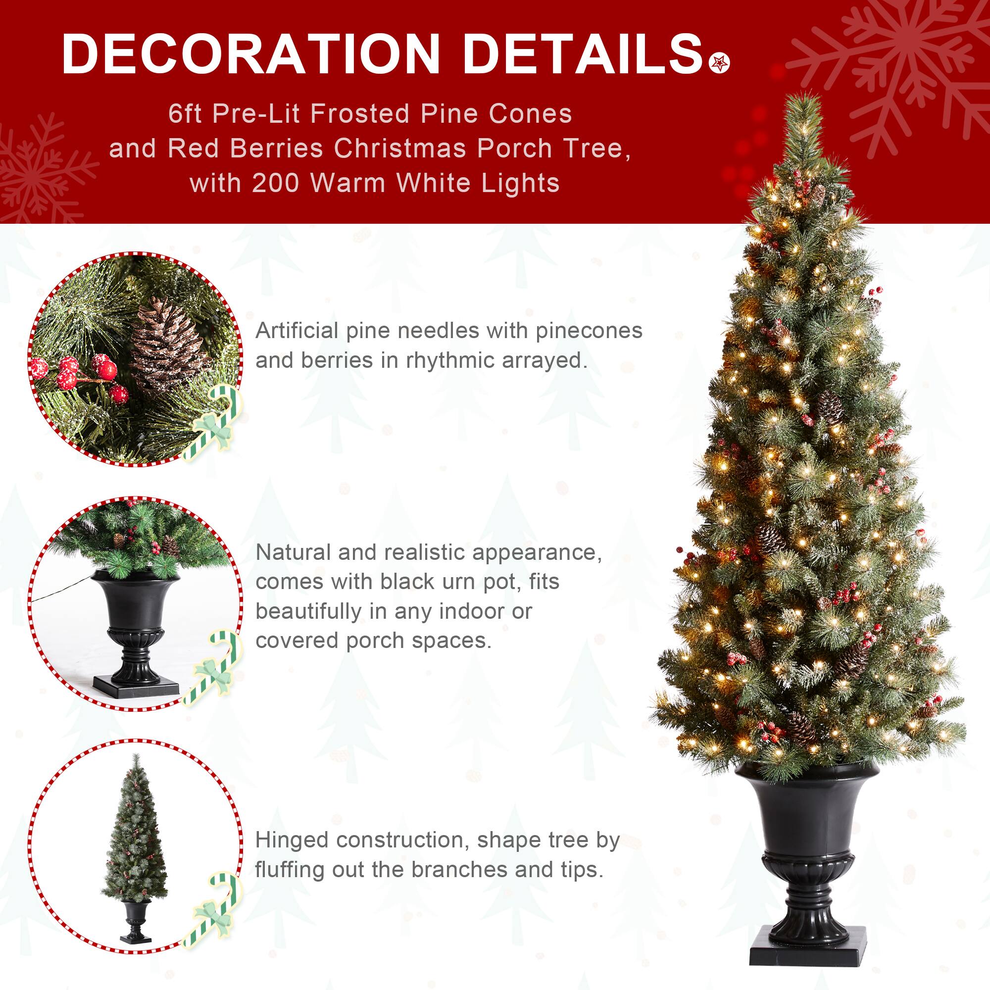 6ft. Pre-Lit Frosted Pinecones & Red Berries Artificial Christmas Porch Tree, Warm White LED Lights