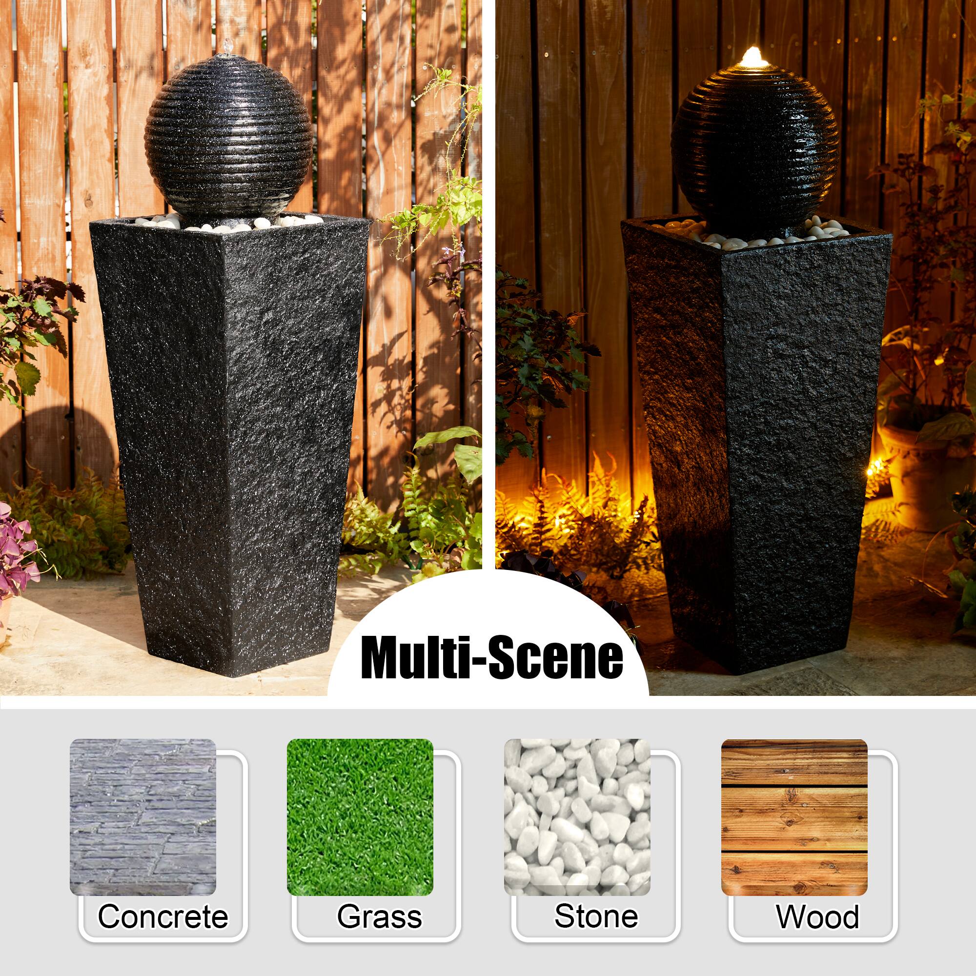 Glitzhome® Modern LED Black Geometric Pedestal & Sphere Outdoor Floor Fountain