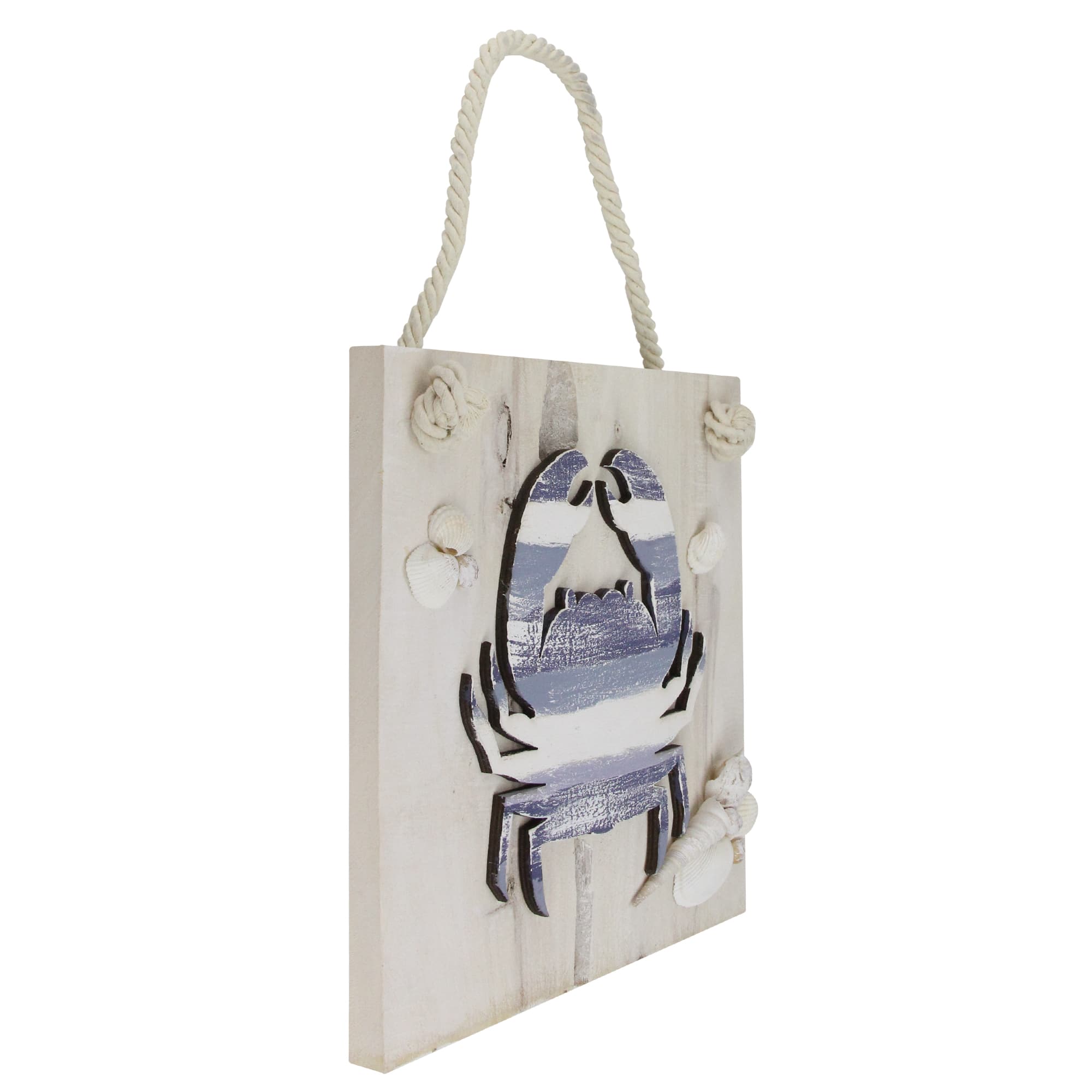 10" Blue & White Striped Hanging Nautical Crab Plaque with Sea Shells Wall Accent