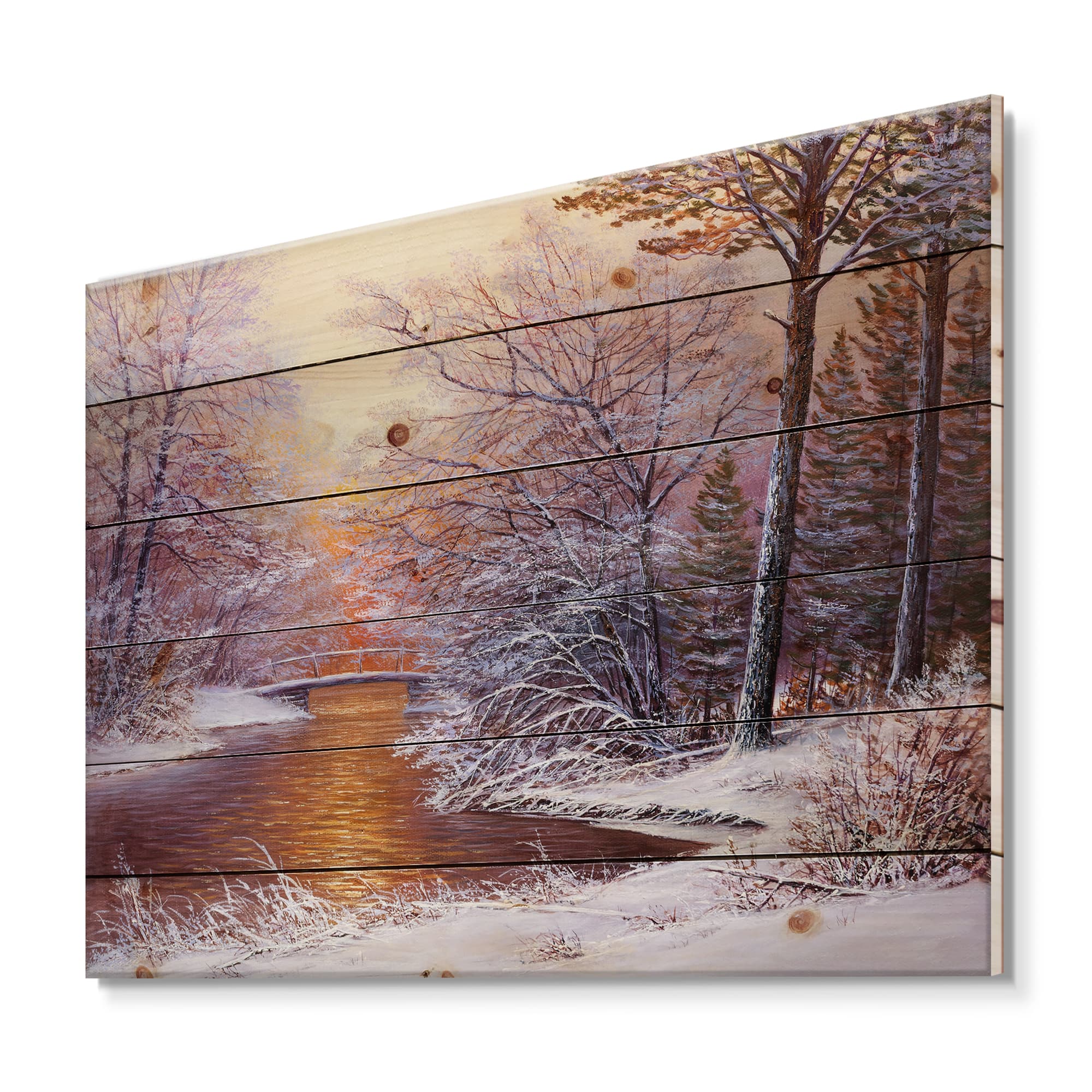 Designart Christmas Forest with River & Trees II Print on Natural Pine Wood