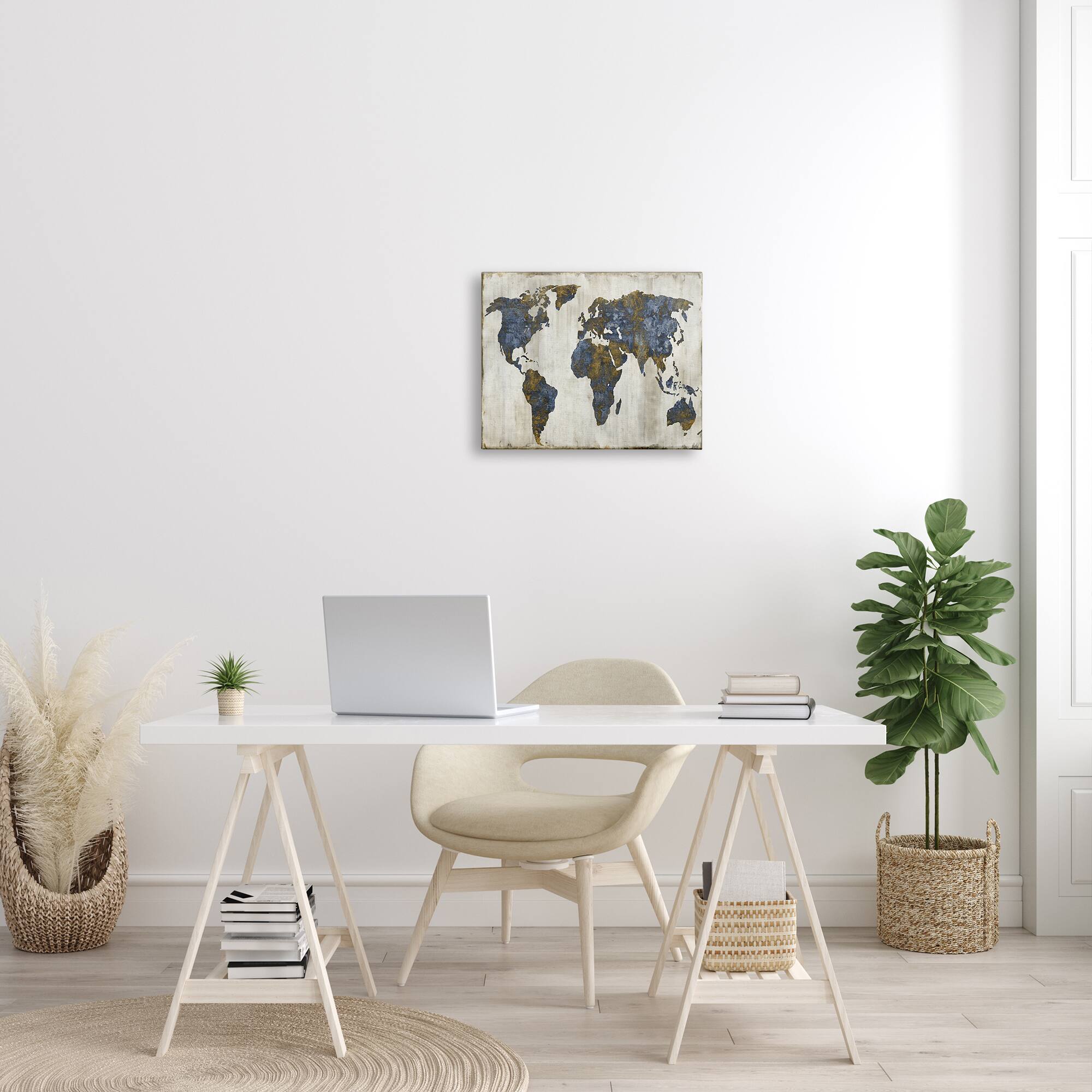 Stupell Industries Gold Blue World Map Design Canvas Wall Art
