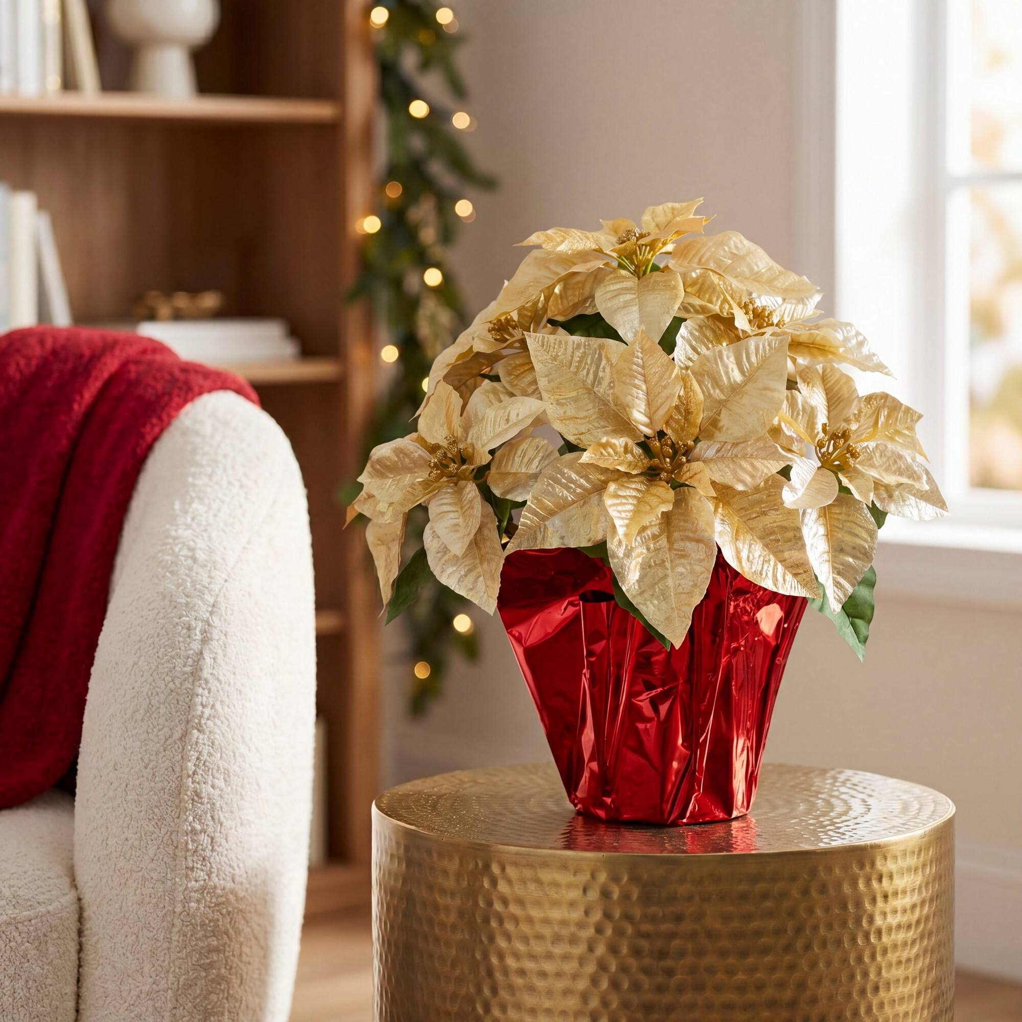 Nearly Natural 18" Gold Lush Velvet Artificial Poinsettia Arrangement in Red Wrapped Planter