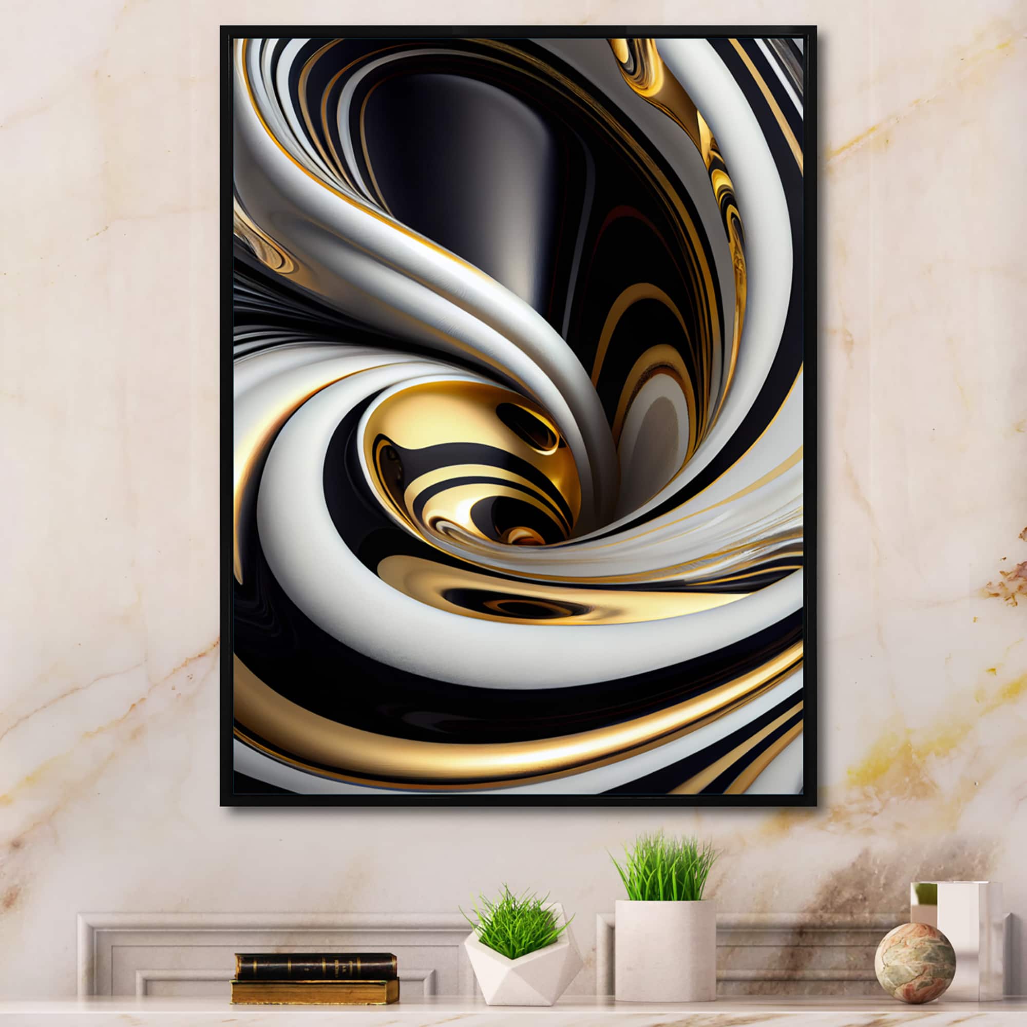 Designart 'Gold Black And White Stained Glass I' Modern Framed Canvas Wall Art