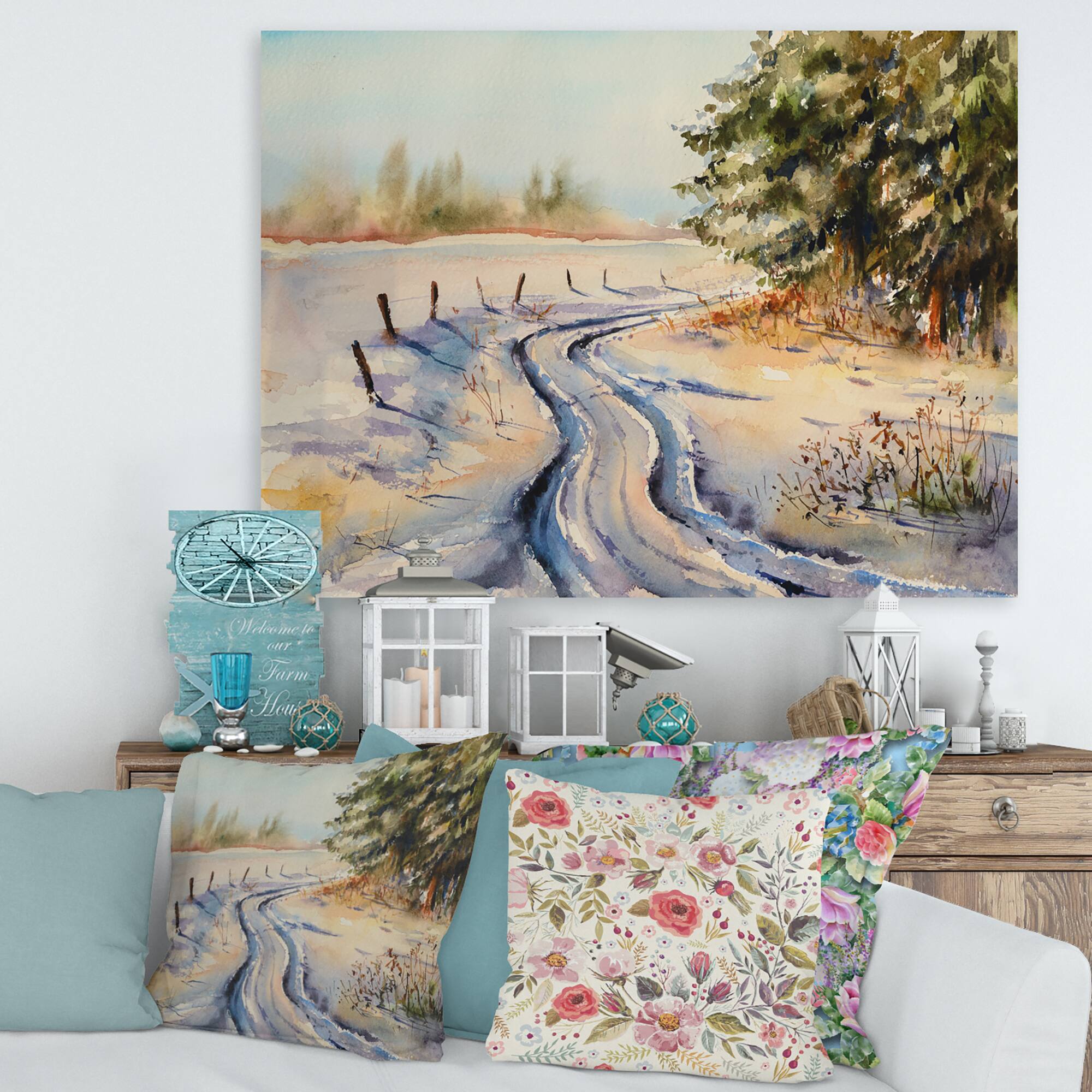 Designart - Snowy Winter Forest Landscape Country Road In Snow