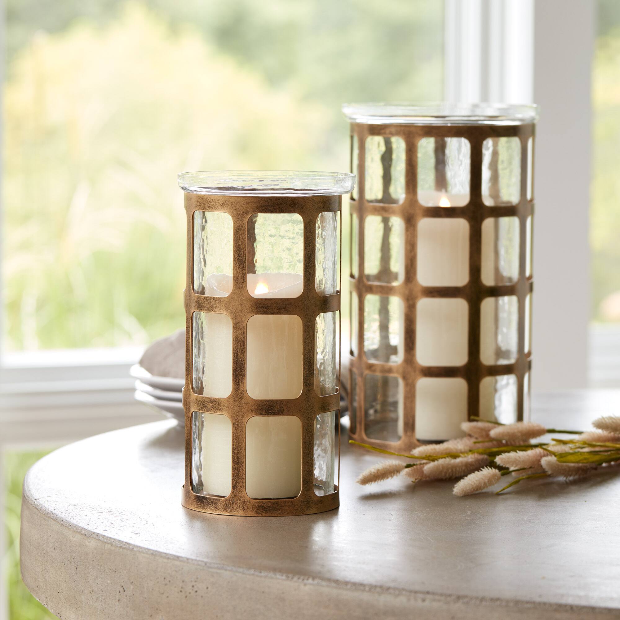 12.5" Wavy Glass Candle Holder with Distressed Metal Frame