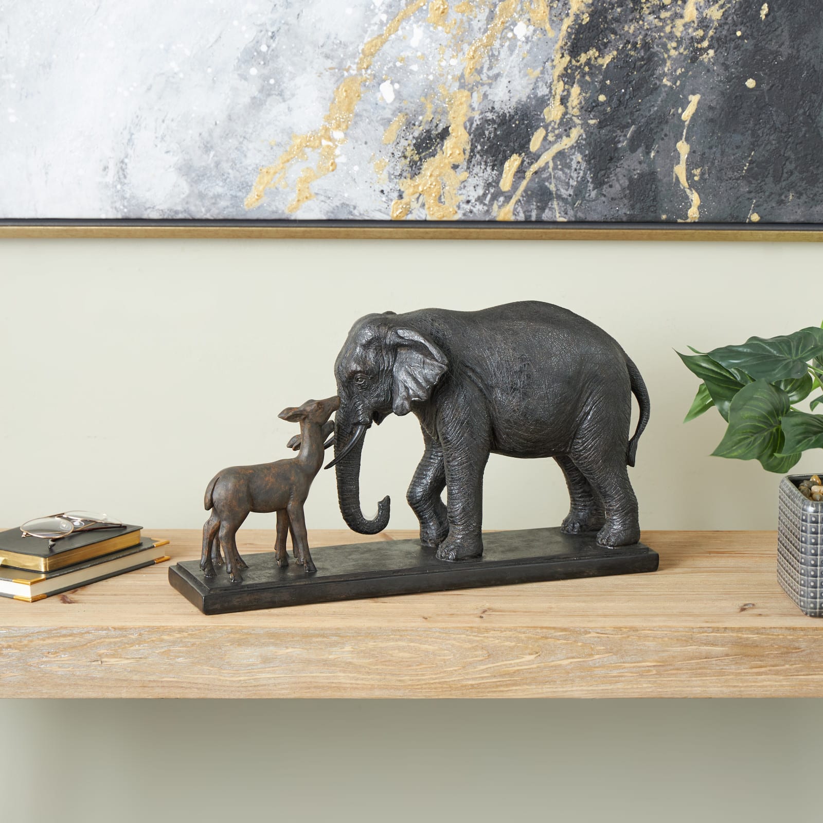 19.75" Black Elephant Walking Sculpture with Dark Brown Deer