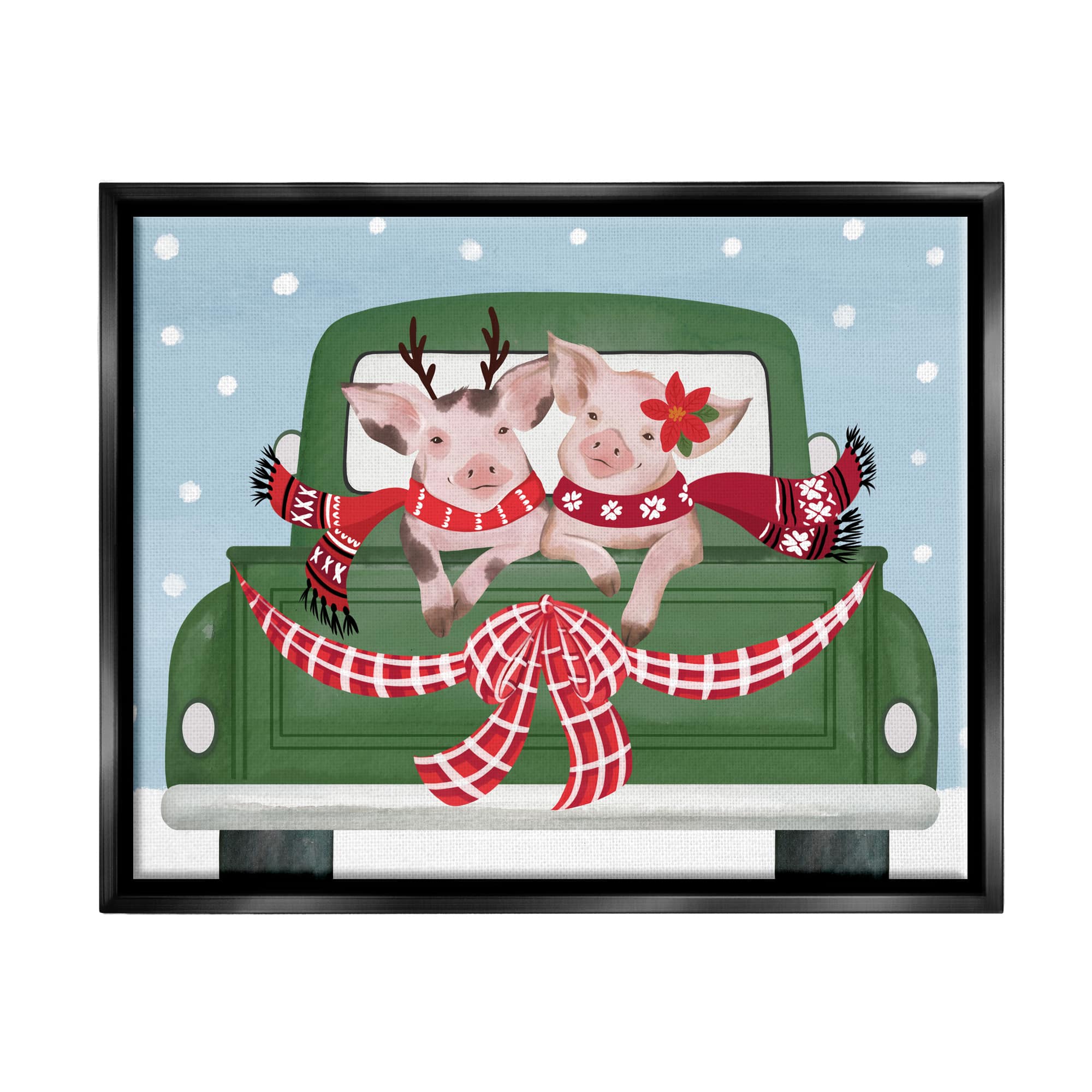 Stupell Industries Farmhouse Pigs Green Holiday Truck Framed Floater Canvas Wall Art