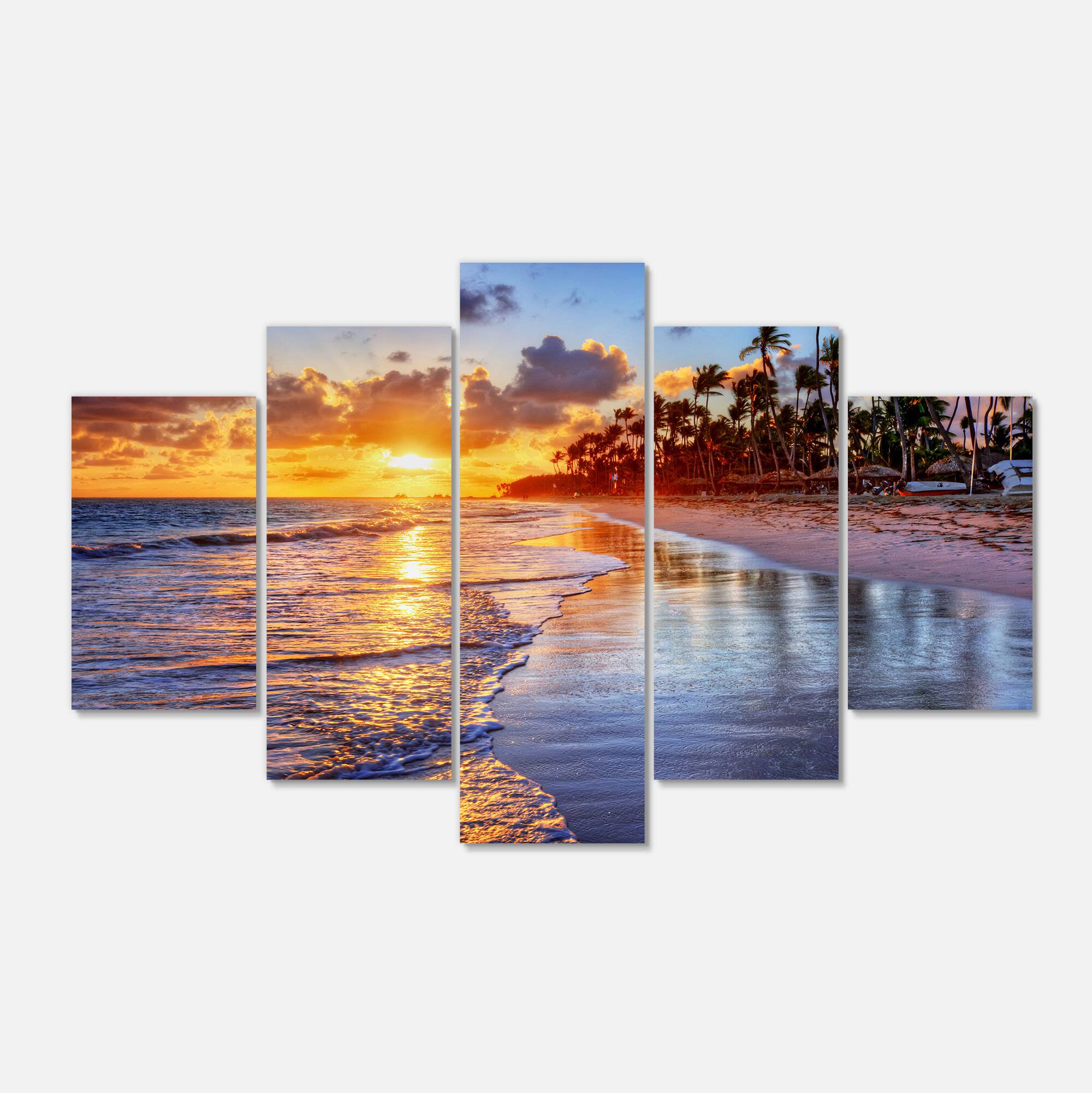 Designart - Beach Side Resort With Palm Trees - Yellow - Seashore Canvas Art Print