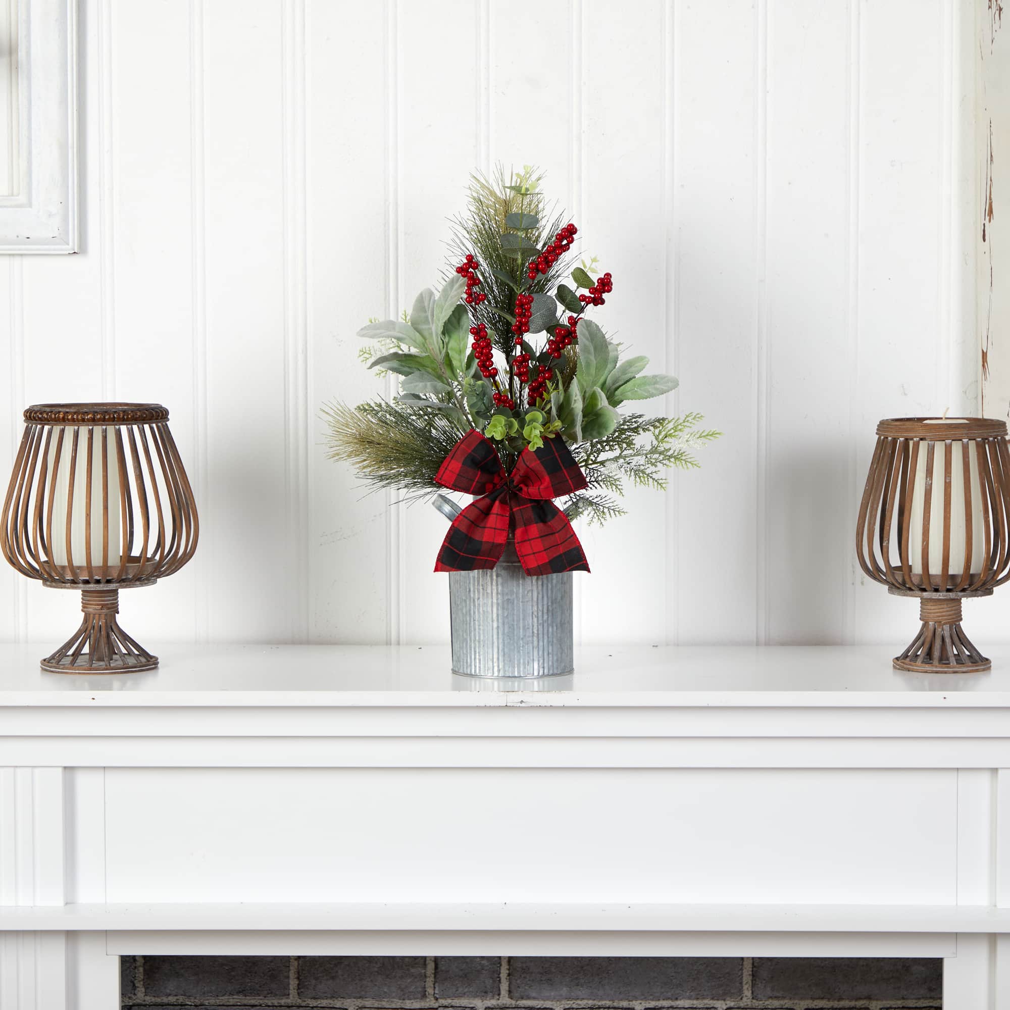 20" Holiday Winter Greenery, Pinecone & Berries with Bow Arrangement