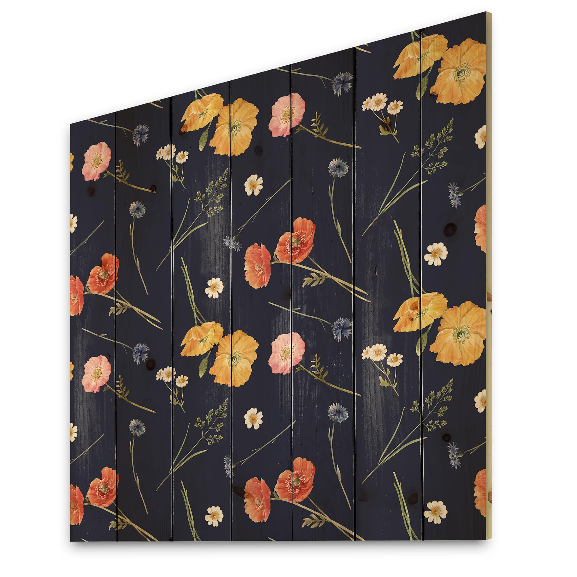 Designart - Orange and Yellow Wild Flowers On Dark Blue - Traditional Print on Natural Pine Wood