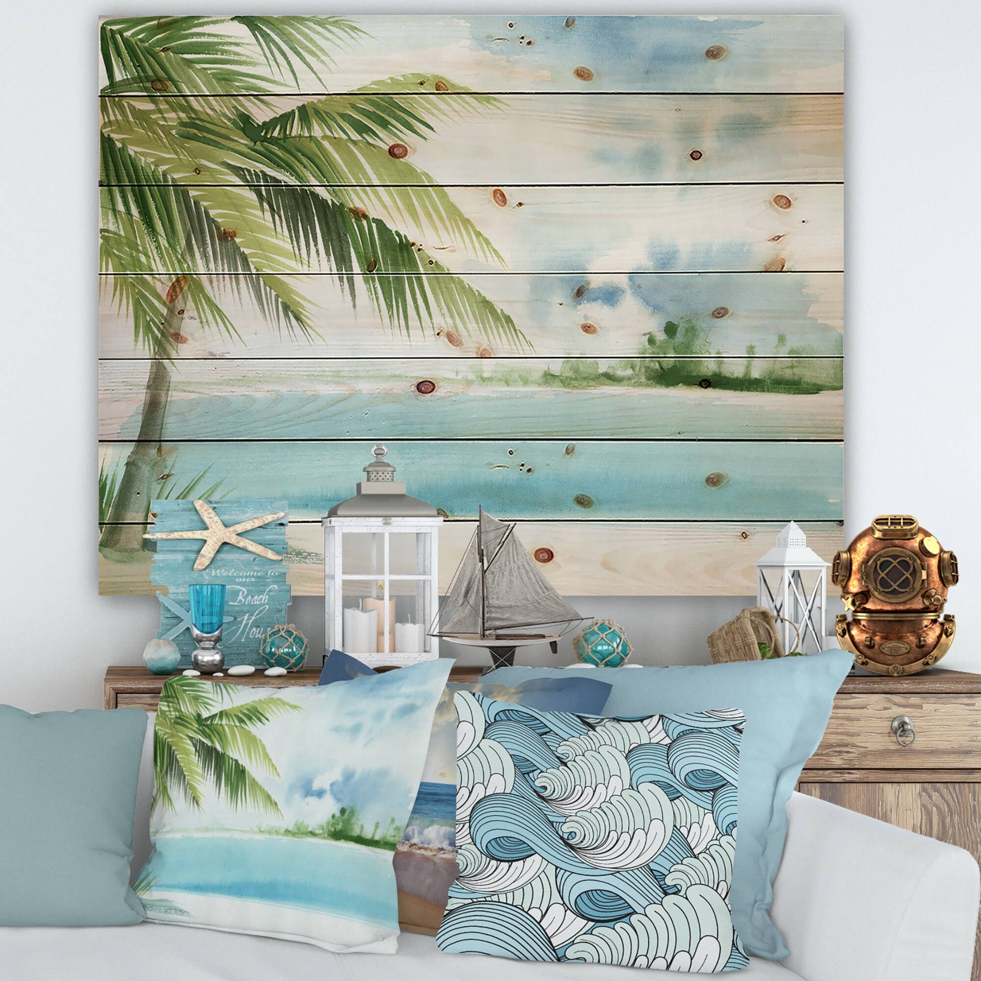 Designart - Palm Beach Resort At Dawn I - Nautical & Coastal Print on Natural Pine Wood