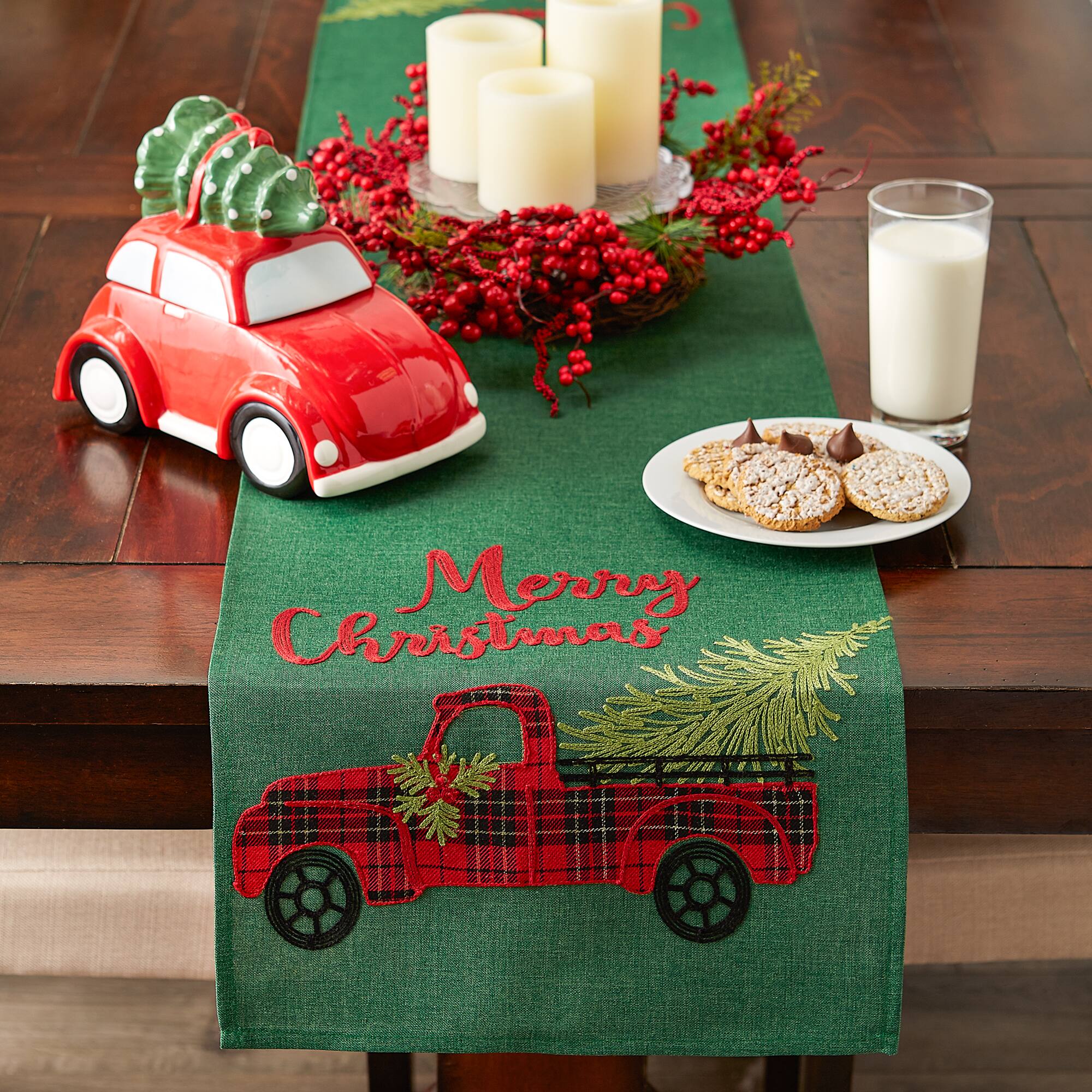 DII® 70" Green Merry Christmas Truck Embroidered Table Runner