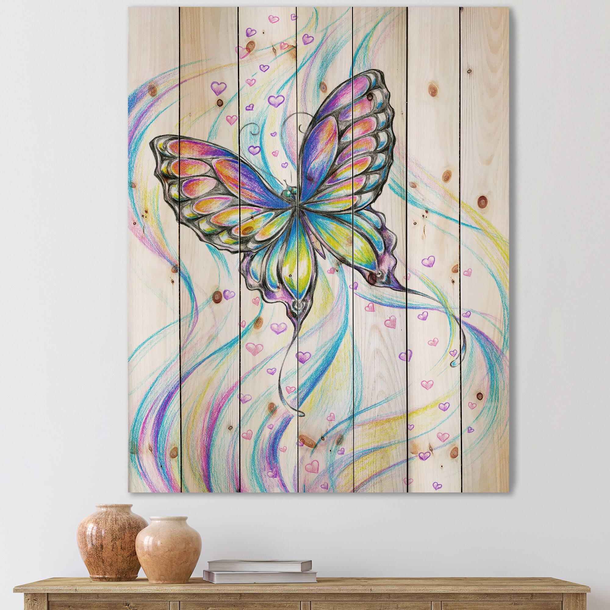 Designart - Iridiscent Butterfly - Traditional Print on Natural Pine Wood