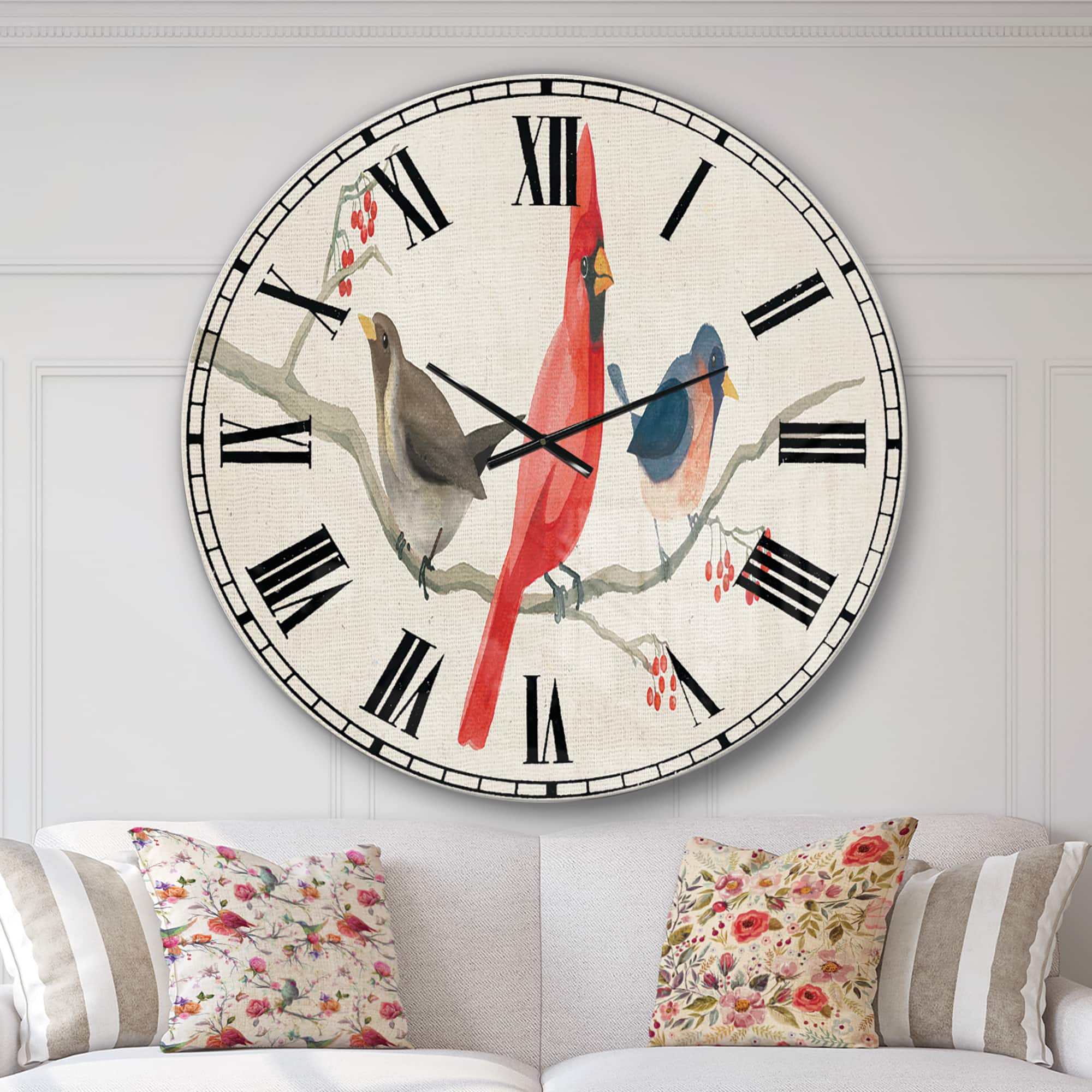 Designart 'Red Farmhouse Bird On Branch Painting Farmhouse Wall Clock