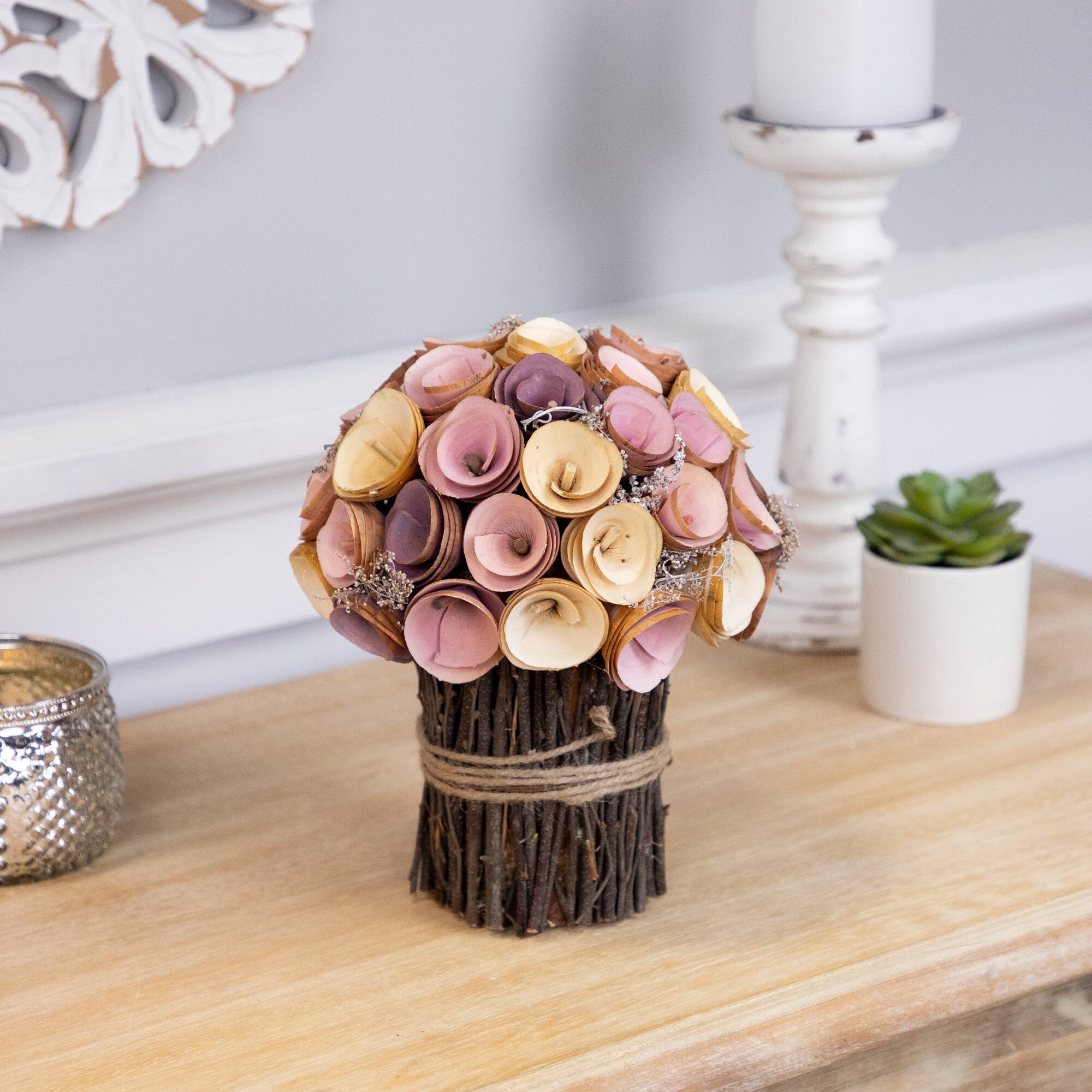8.25" Pink & Yellow Wooden Artificial Floral Spring Bouquet