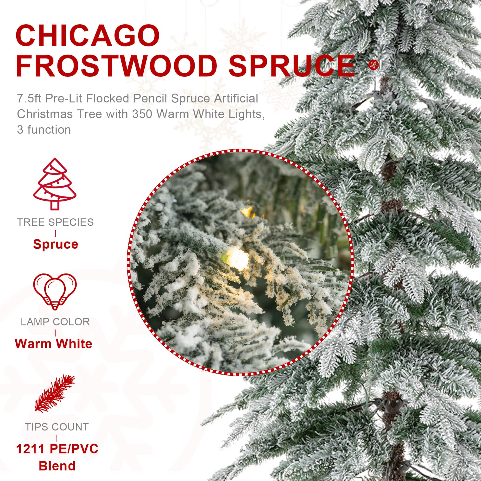 7.5ft. Pre-Lit Flocked Pencil Spruce Artificial Christmas Tree, Warm White LED Lights