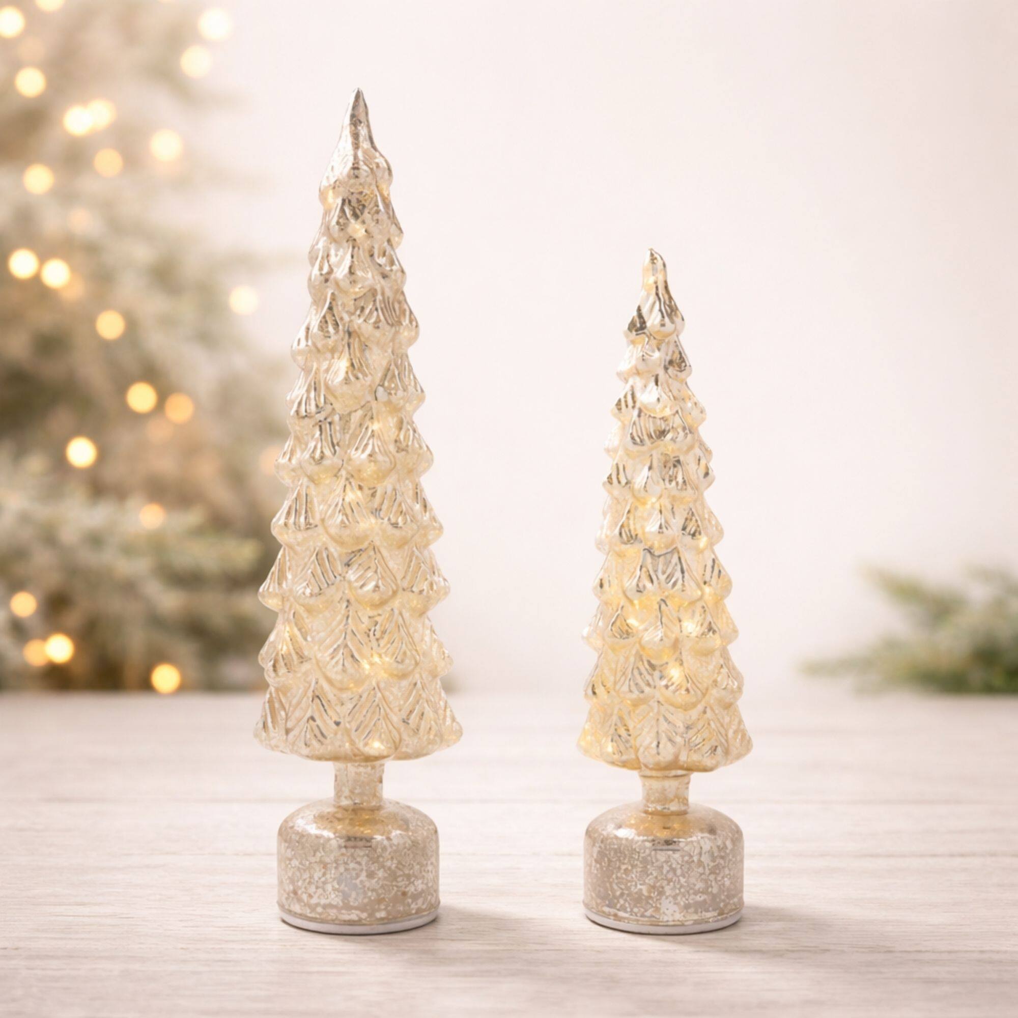 Melrose LED Mercury Glass Rotating Pine Tree Set