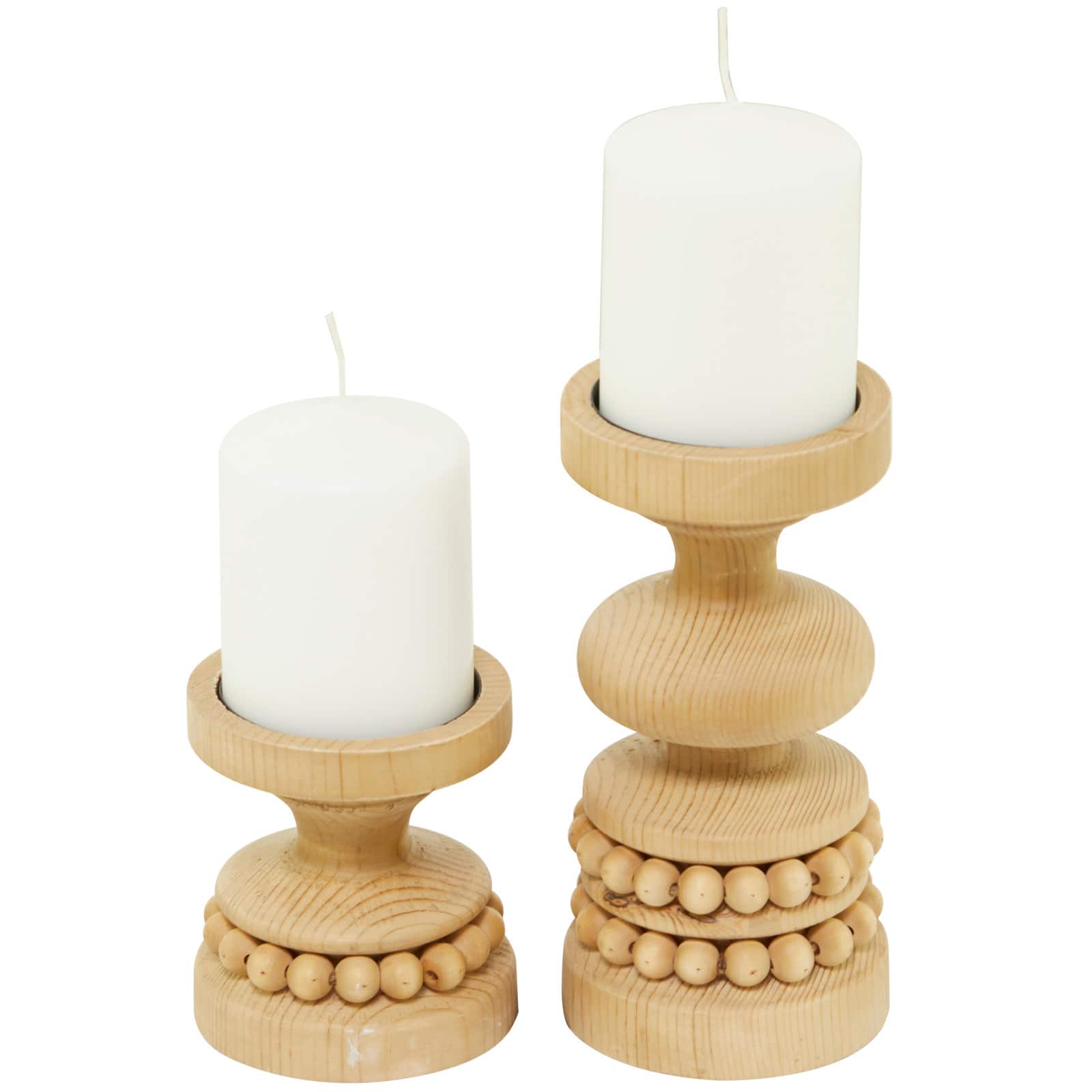 Wood Beaded Pillar Candle Holder Set